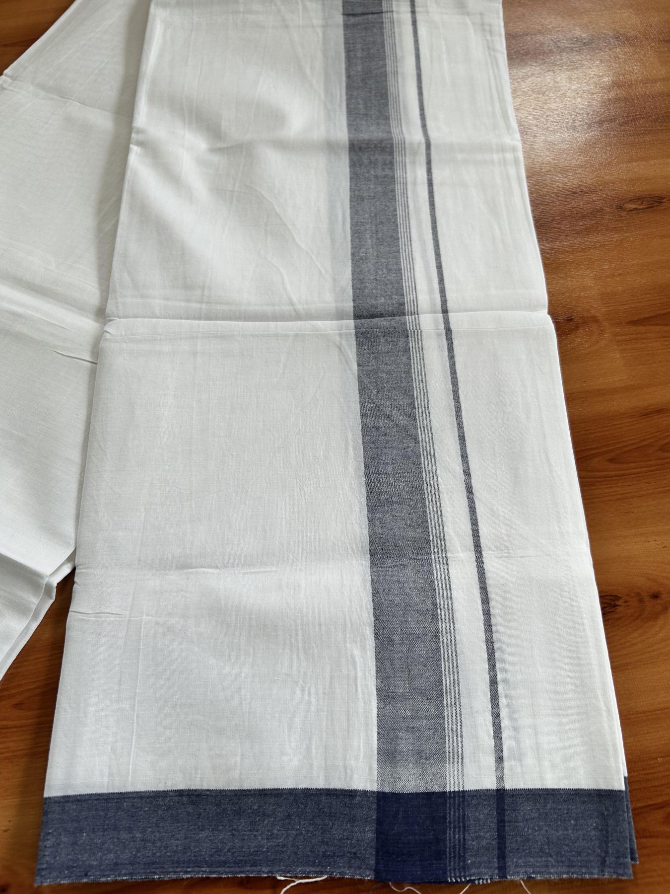 Single Pure White Mundu/Dhoti - KaithariKada Balaramapuram Pure Cotton - 70x30 - 1.25 Inch Navy Blue Shaded Striped Kara 1.90 mtr (4 muzham) - 17 KK5418 PMC