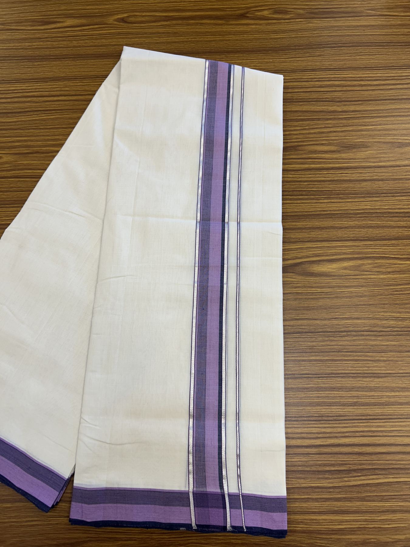 25% Discount ! Kaitharikada Handloom Unakkupaav Balaramapuram - 100% Pure Cotton Off White - (Unbleached) Double Mundu/Dhoti - 100x80 - 1.75 inch Silver Kasav Navy Blue & Purple Striped Kara 4 mtr (8.5 Muzham) - 32 KK5320 RAM