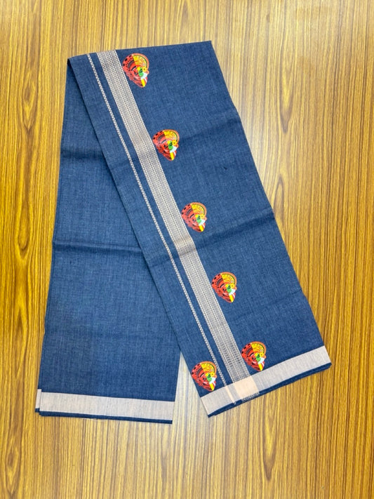 22% Discount! Kaitharikada Pure Cotton - Single Kaily / Lungi - (40s) - 1.25 inch Peach striped Theyyam Kadhakali Printed Design kara with Navy Blue shaded colour body  (2 meter / 4 muzham) - 9 KK8028 GAN