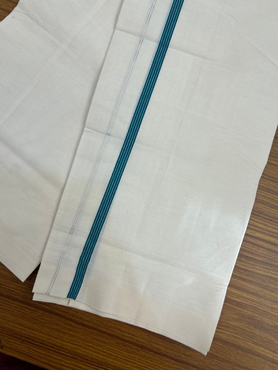 3% Discount! KaithariKada Balaramapuram 100% Cotton Single Off White - (Unbleached) Mundu/Dhoti - 100X100 - 0.5 inch Silver Kasavu Peacock Green striped kara (2 meter / 4 muzham) - 10 KK5283 PMC