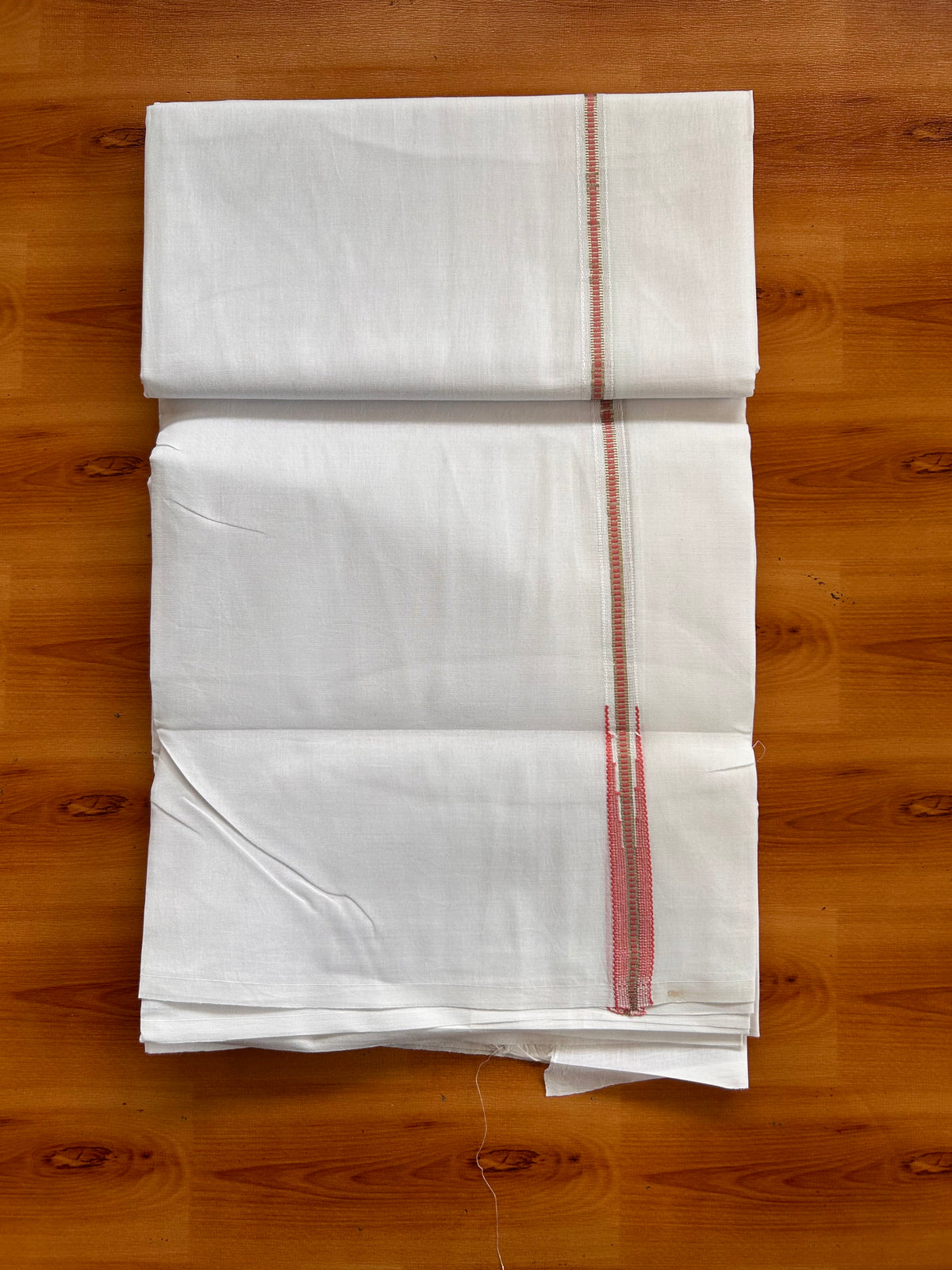 Pure White Double Mundu/Dhoti - 20% Discount! KaithariKada Pulimood - 100% Cotton - 100x100 - 0.75 inch Puliyilakkara Silver Kasav & Peach Muthukuri Chutty 4 mtr (8.5 muzham) - 31 KK5534 ASH
