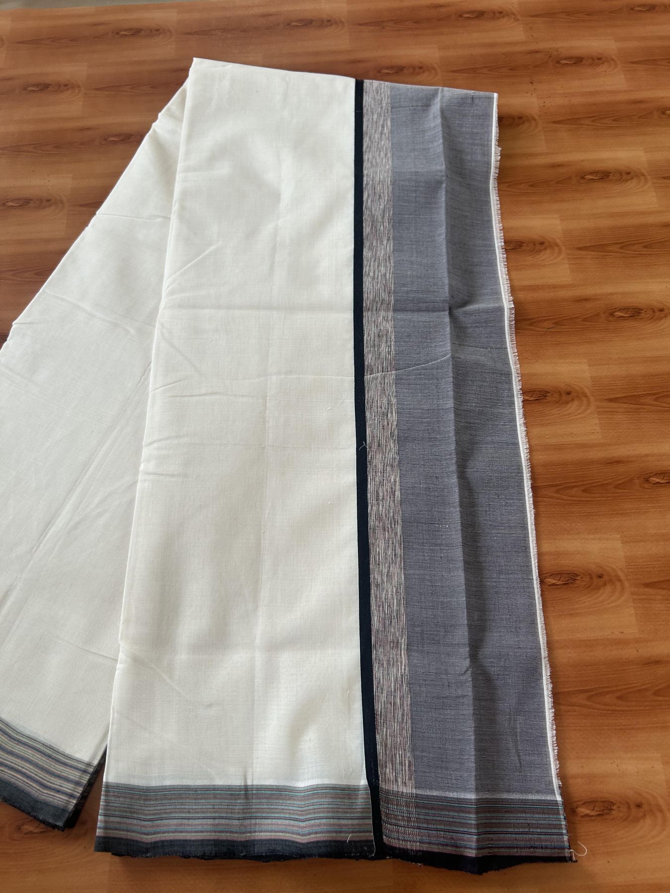 25% Discount!! KaithariKada Handloom Unakkupaav - Kerala Handloom - 100% Pure Cotton Off White - (Unbleached) Double Mundu/Dothi - 100 x 80 - 4.5 inch Multi Colour & Black ,Brown Side Striped Kara 3.80 meter (8 muzham) - 7 KK5390 REA