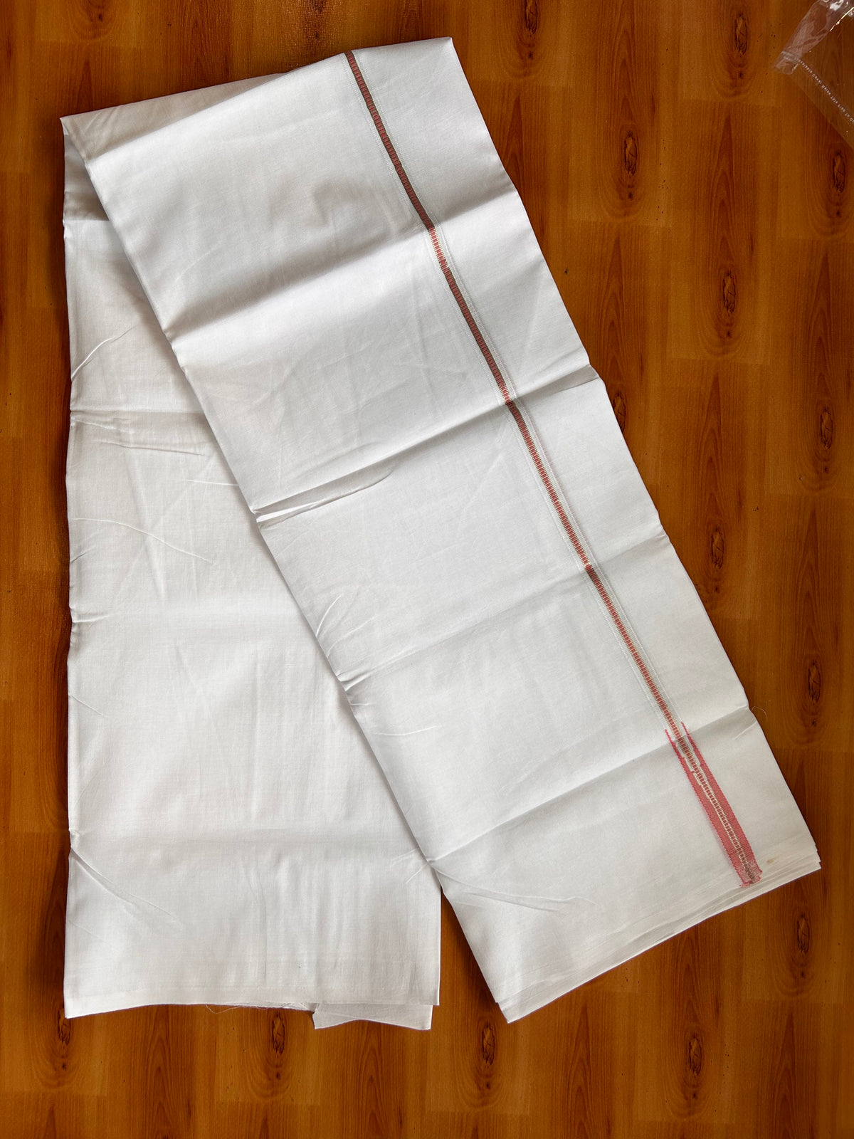 Pure White Double Mundu/Dhoti - 20% Discount! KaithariKada Pulimood - 100% Cotton - 100x100 - 0.75 inch Puliyilakkara Silver Kasav & Peach Muthukuri Chutty 4 mtr (8.5 muzham) - 31 KK5534 ASH
