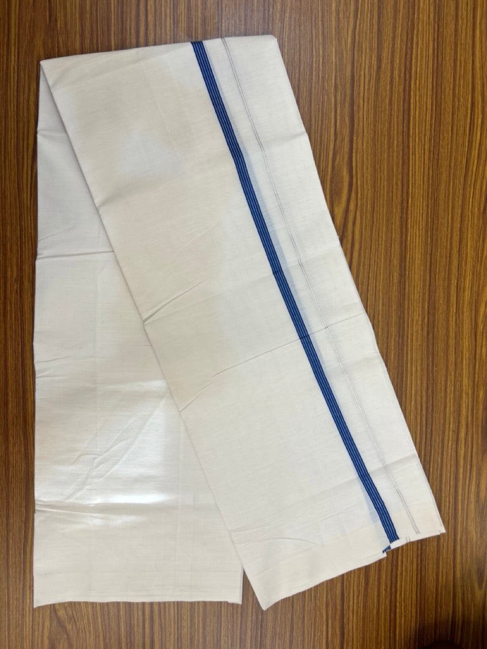 3% Discount! KaithariKada Balaramapuram 100% Cotton Single Off White - (Unbleached) Mundu/Dhoti - 100X100 - 0.5 inch Silver Kasavu Dark Blue striped kara (2 meter / 4 muzham) - 9 KK5283 PMC