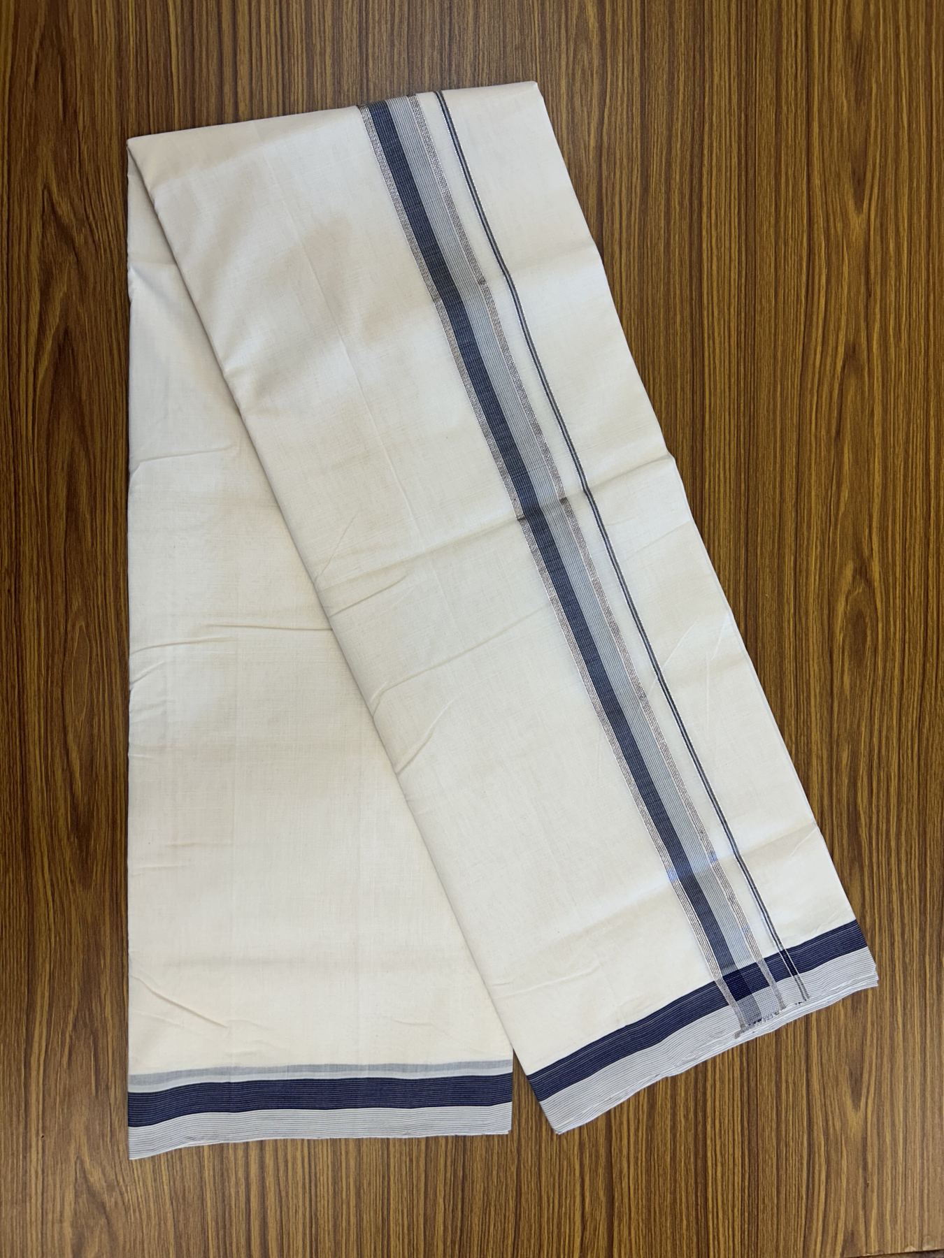 25% Discount! KaithariKada Handloom Unakkupaav Balaramapuram - Cotton Double Mundu/Dhoti Off white (Unbleached) - 100x80 - 1.5 inch Silver Kasav Grey & Navy Blue striped Kara - 4 meter (8.5 Muzham) - 29 KK5320 RAM