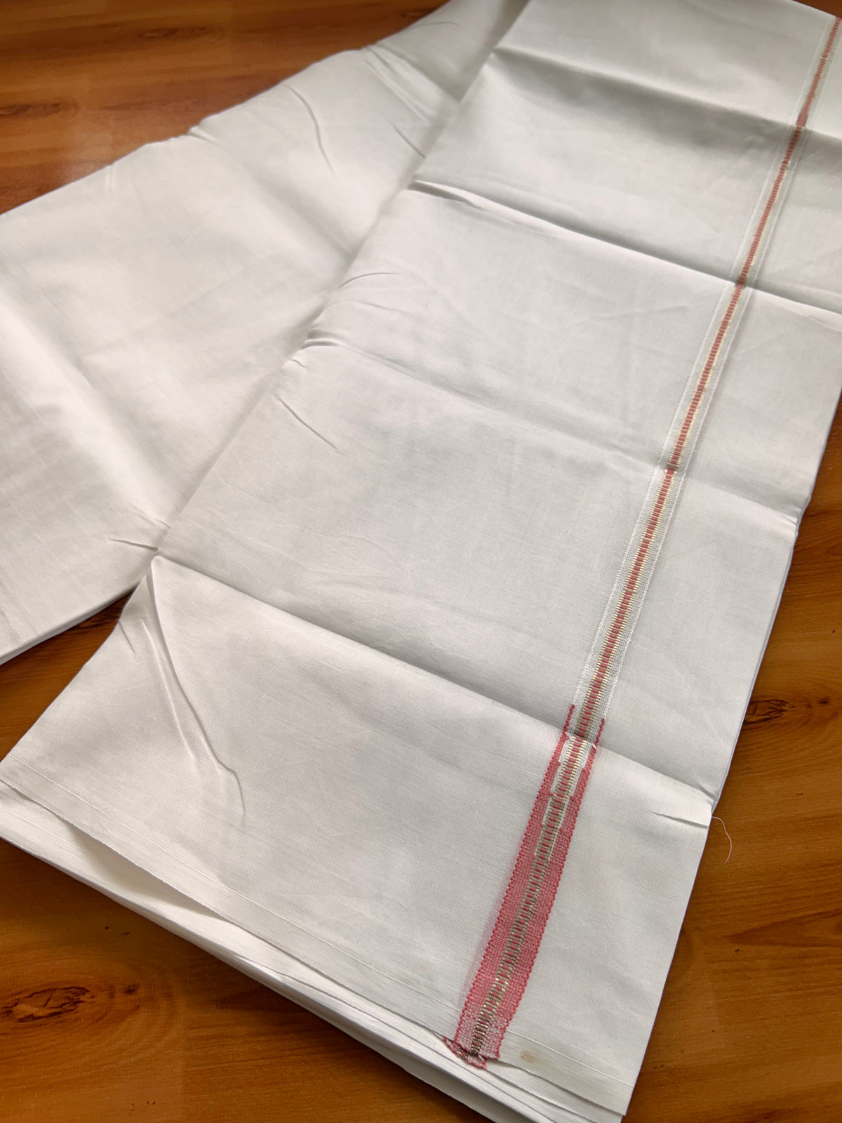 Pure White Double Mundu/Dhoti - 20% Discount! KaithariKada Pulimood - 100% Cotton - 100x100 - 0.75 inch Puliyilakkara Silver Kasav & Peach Muthukuri Chutty 4 mtr (8.5 muzham) - 31 KK5534 ASH