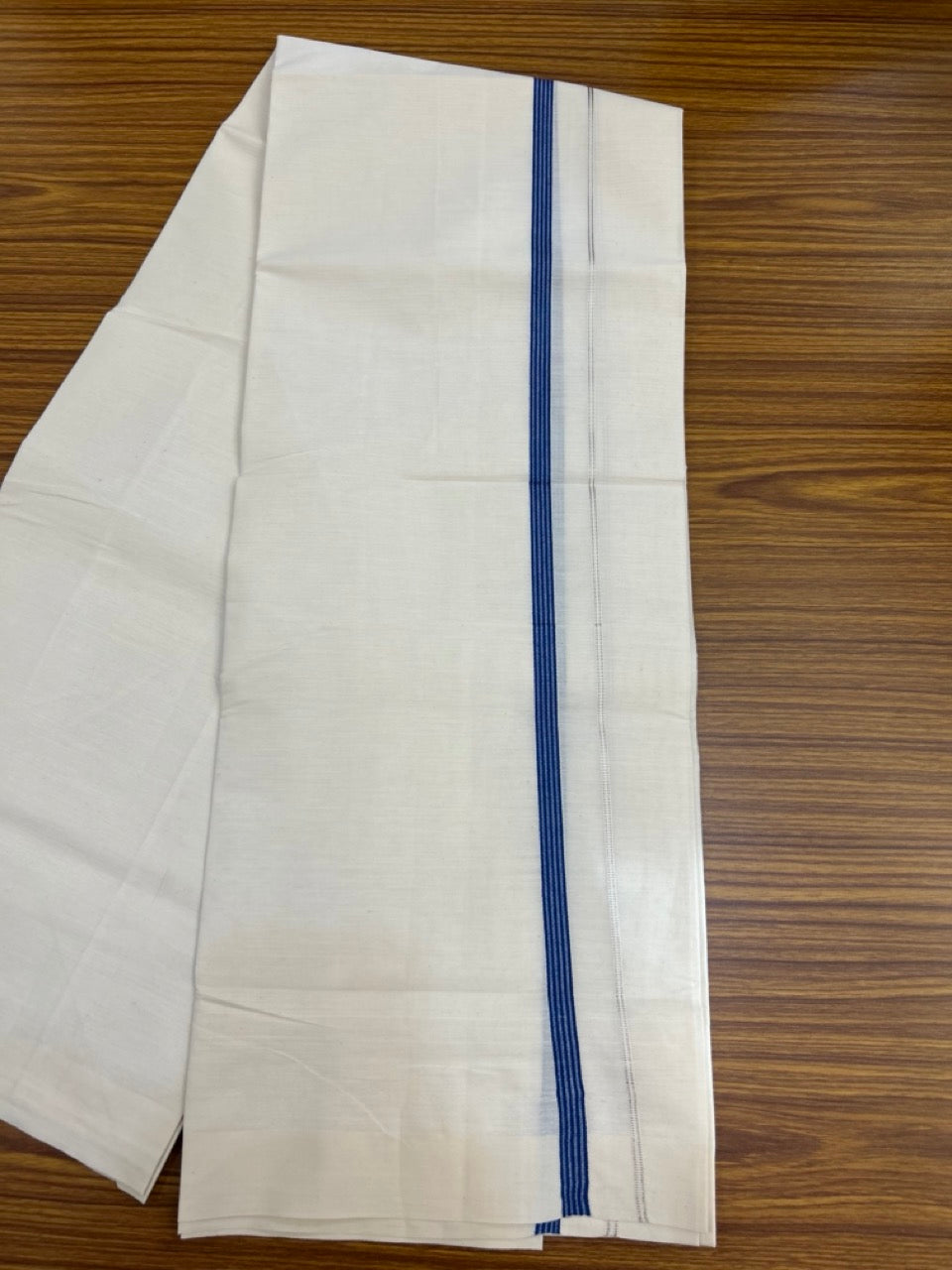 3% Discount! KaithariKada Balaramapuram 100% Cotton Single Off White - (Unbleached) Mundu/Dhoti - 100X100 - 0.5 inch Silver Kasavu Dark Blue striped kara (2 meter / 4 muzham) - 9 KK5283 PMC