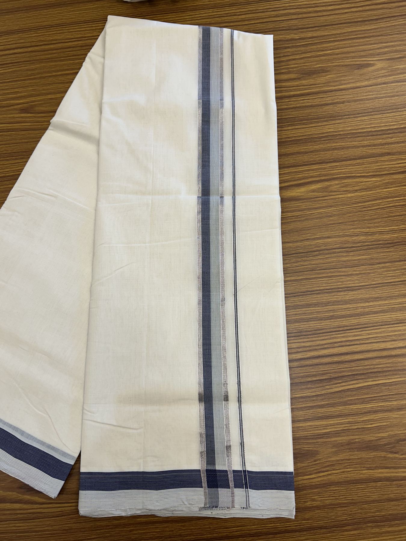 25% Discount! KaithariKada Handloom Unakkupaav Balaramapuram - Cotton Double Mundu/Dhoti Off white (Unbleached) - 100x80 - 1.5 inch Silver Kasav Grey & Navy Blue striped Kara - 4 meter (8.5 Muzham) - 29 KK5320 RAM