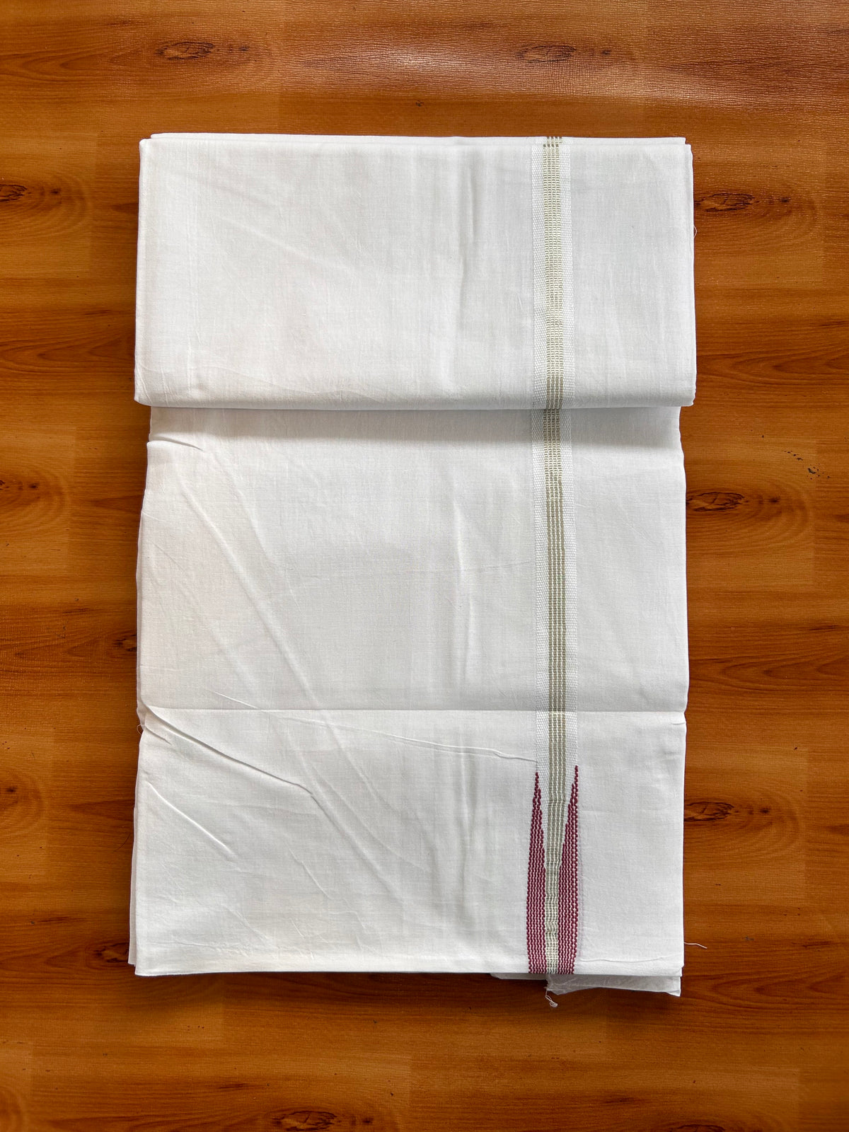 Double Pure white Mundu/Dhoti - 20% Discount! KaithariKada Pulimood- 100% Cotton - 100x100 - 1 inch Puliyilakkara Silver Kasav & Maroon Stripes Chutty 4 m (8.5 muzham) - 34 KK5534 ASH