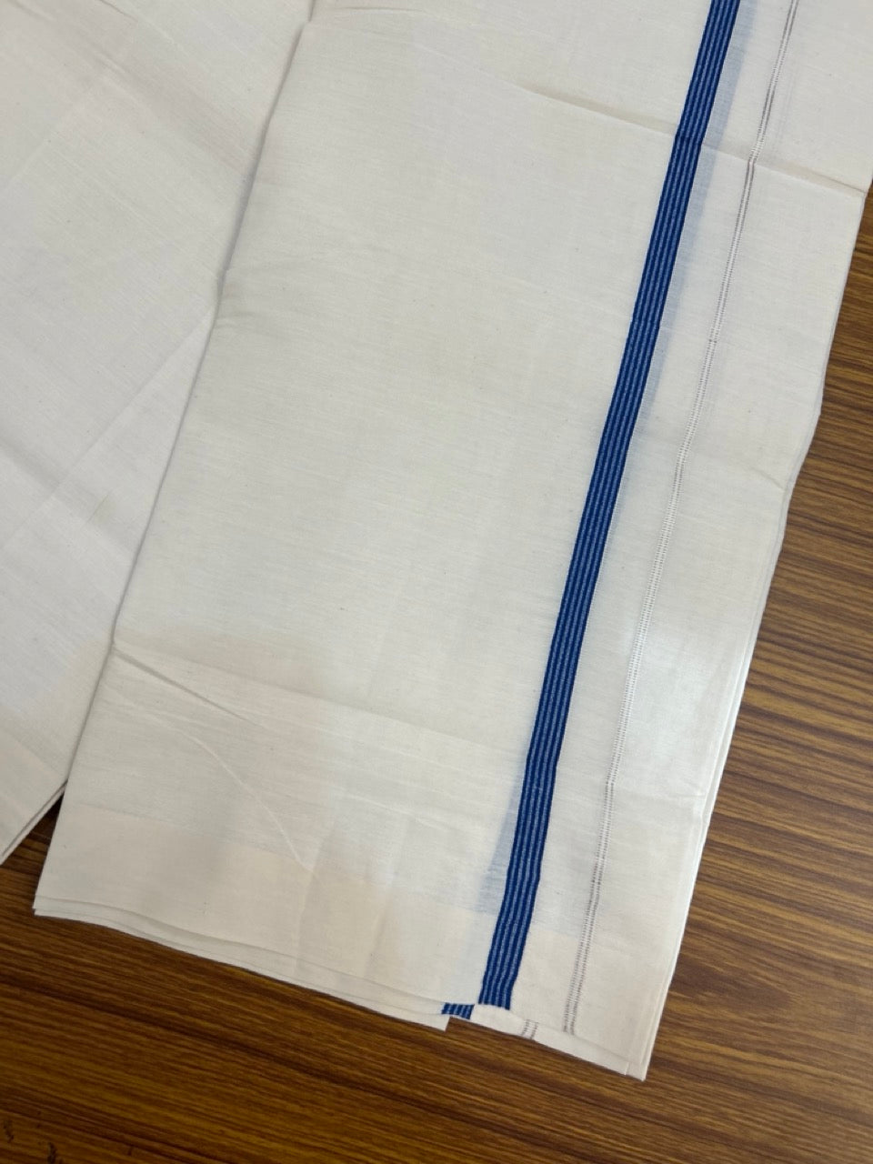 3% Discount! KaithariKada Balaramapuram 100% Cotton Single Off White - (Unbleached) Mundu/Dhoti - 100X100 - 0.5 inch Silver Kasavu Dark Blue striped kara (2 meter / 4 muzham) - 9 KK5283 PMC