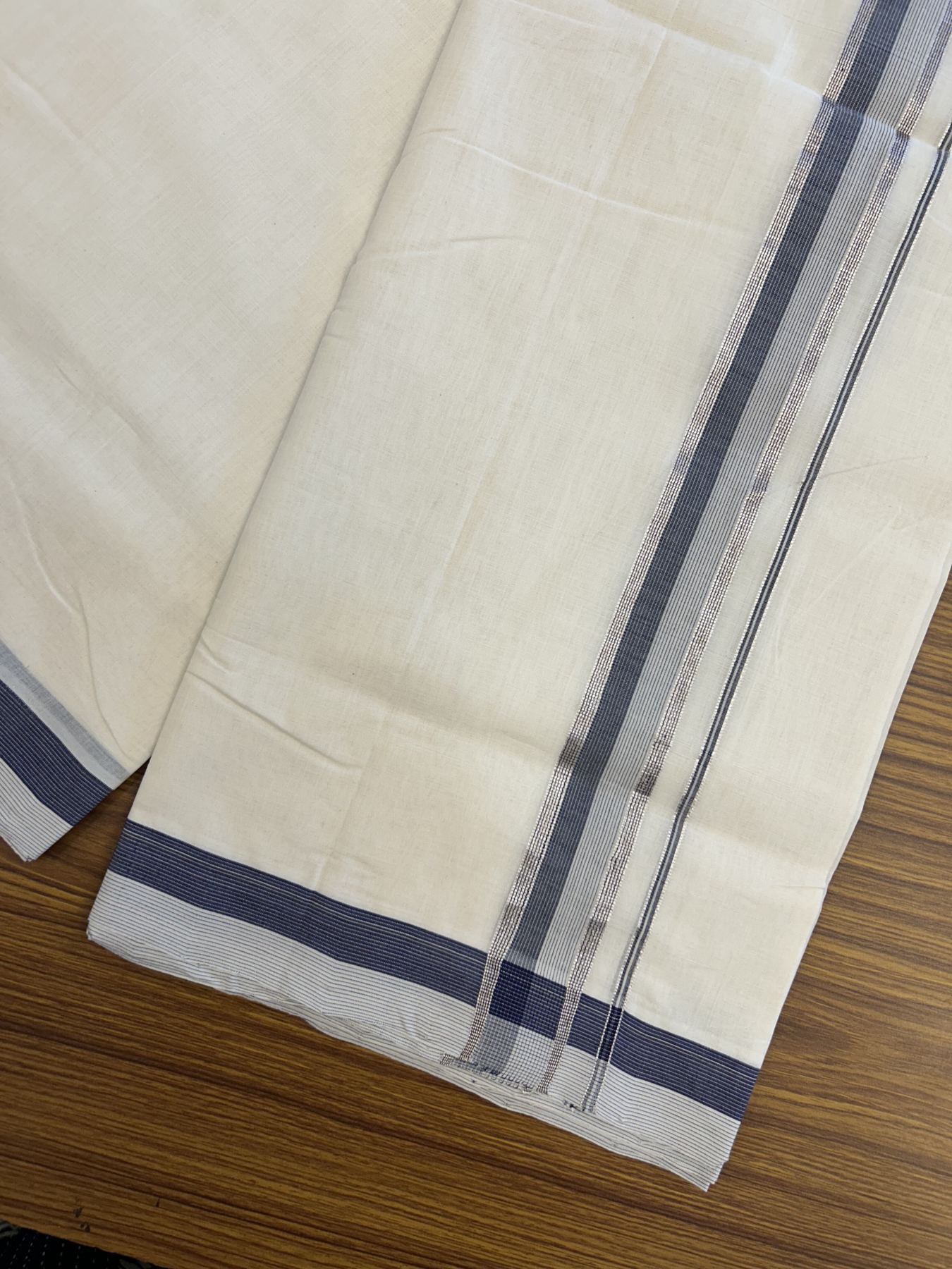 25% Discount! KaithariKada Handloom Unakkupaav Balaramapuram - Cotton Double Mundu/Dhoti Off white (Unbleached) - 100x80 - 1.5 inch Silver Kasav Grey & Navy Blue striped Kara - 4 meter (8.5 Muzham) - 29 KK5320 RAM