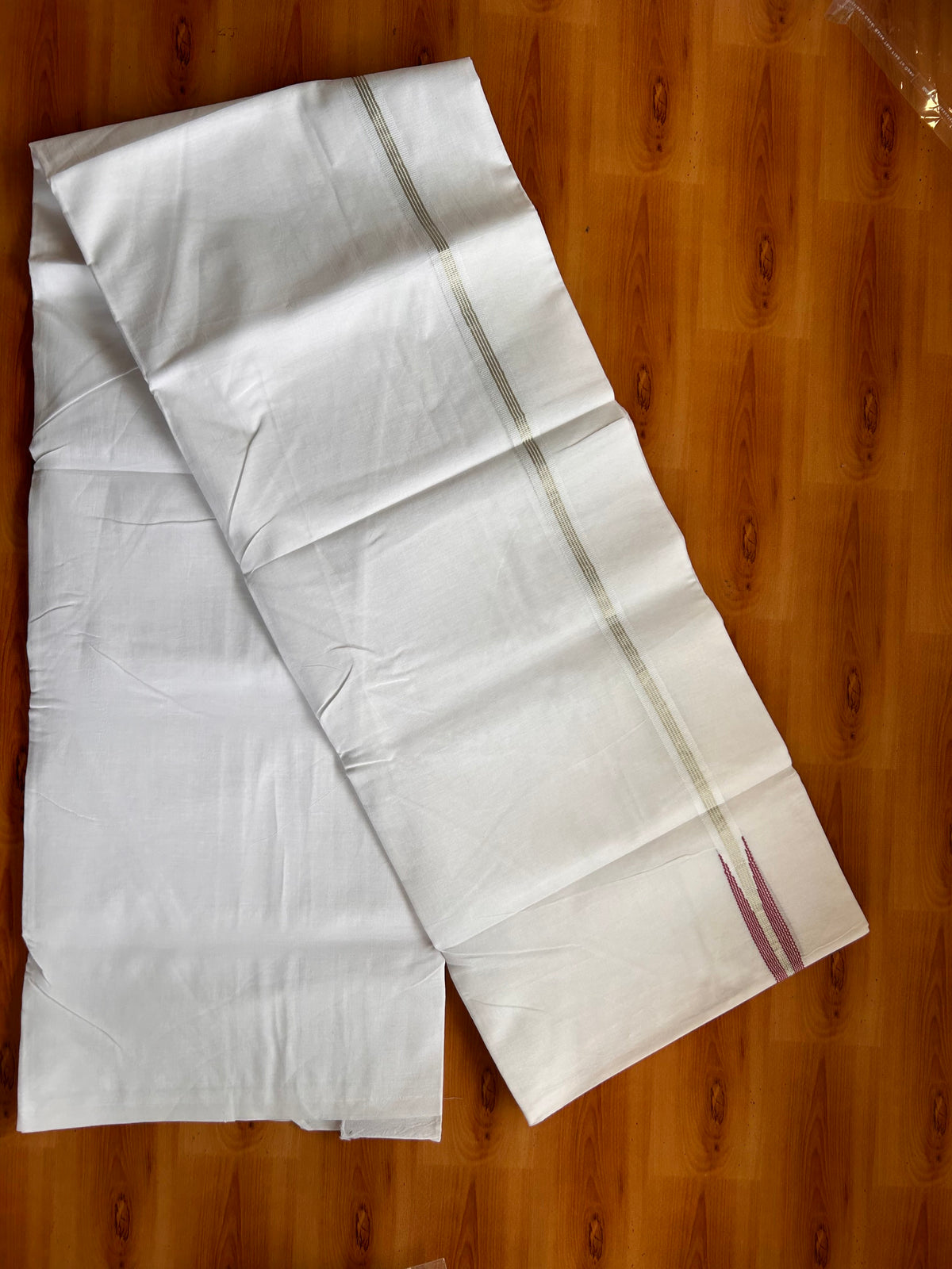 Double Pure white Mundu/Dhoti - 20% Discount! KaithariKada Pulimood- 100% Cotton - 100x100 - 1 inch Puliyilakkara Silver Kasav & Maroon Stripes Chutty 4 m (8.5 muzham) - 34 KK5534 ASH