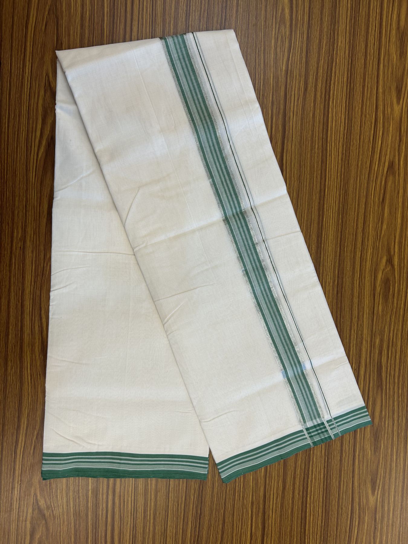 25% Discount ! Kaitharikada Handloom Unakkupaav Balaramapuram - 100% Pure Cotton Off White - (Unbleached) Double Mundu/Dhoti - 100x80 - 1.75 inch Silver Kasav Green Striped Kara 4 mtr (8.5 Muzham) - 35 KK5320 RAM