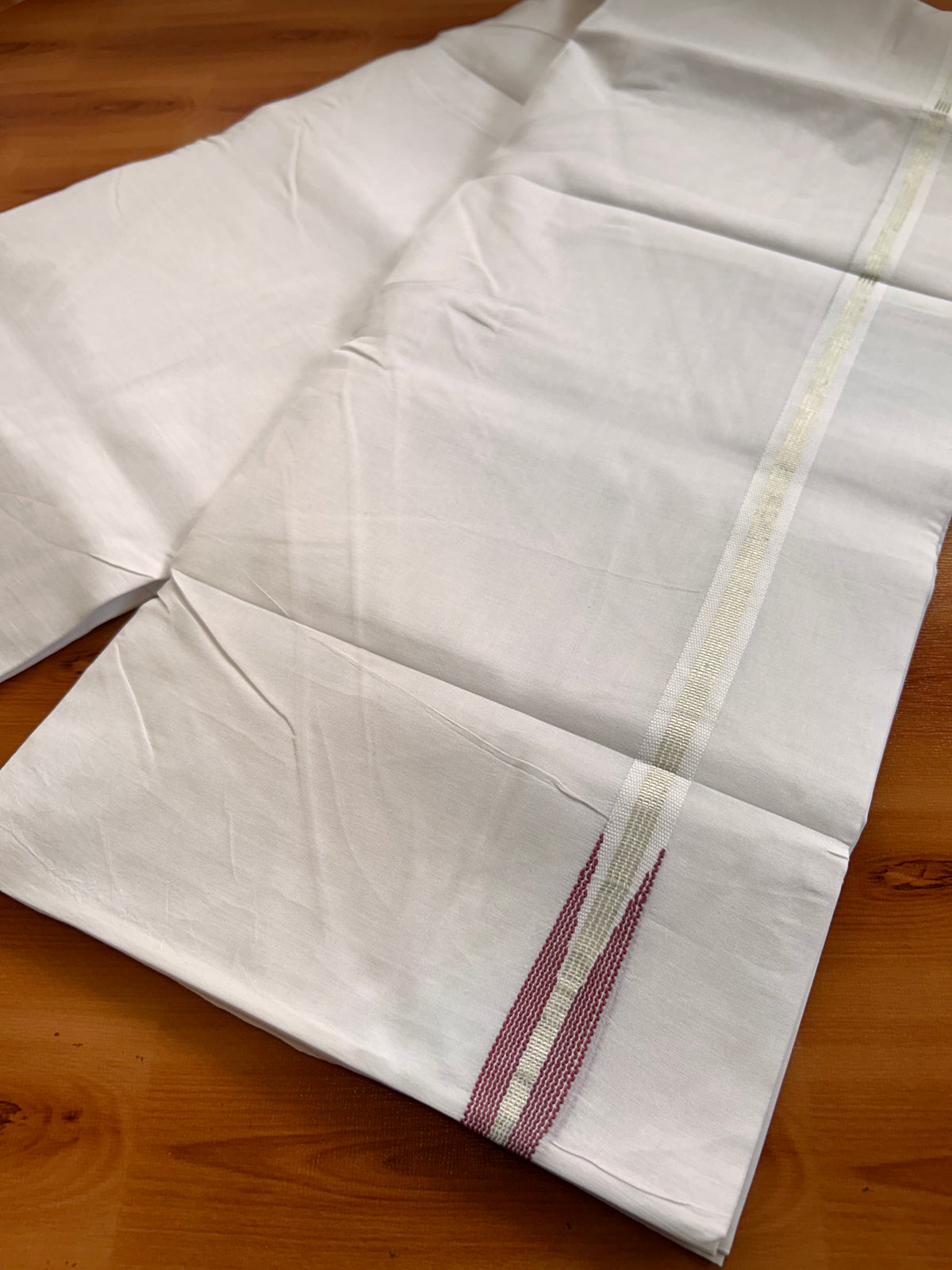 Double Pure white Mundu/Dhoti - 20% Discount! KaithariKada Pulimood- 100% Cotton - 100x100 - 1 inch Puliyilakkara Silver Kasav & Maroon Stripes Chutty 4 m (8.5 muzham) - 34 KK5534 ASH