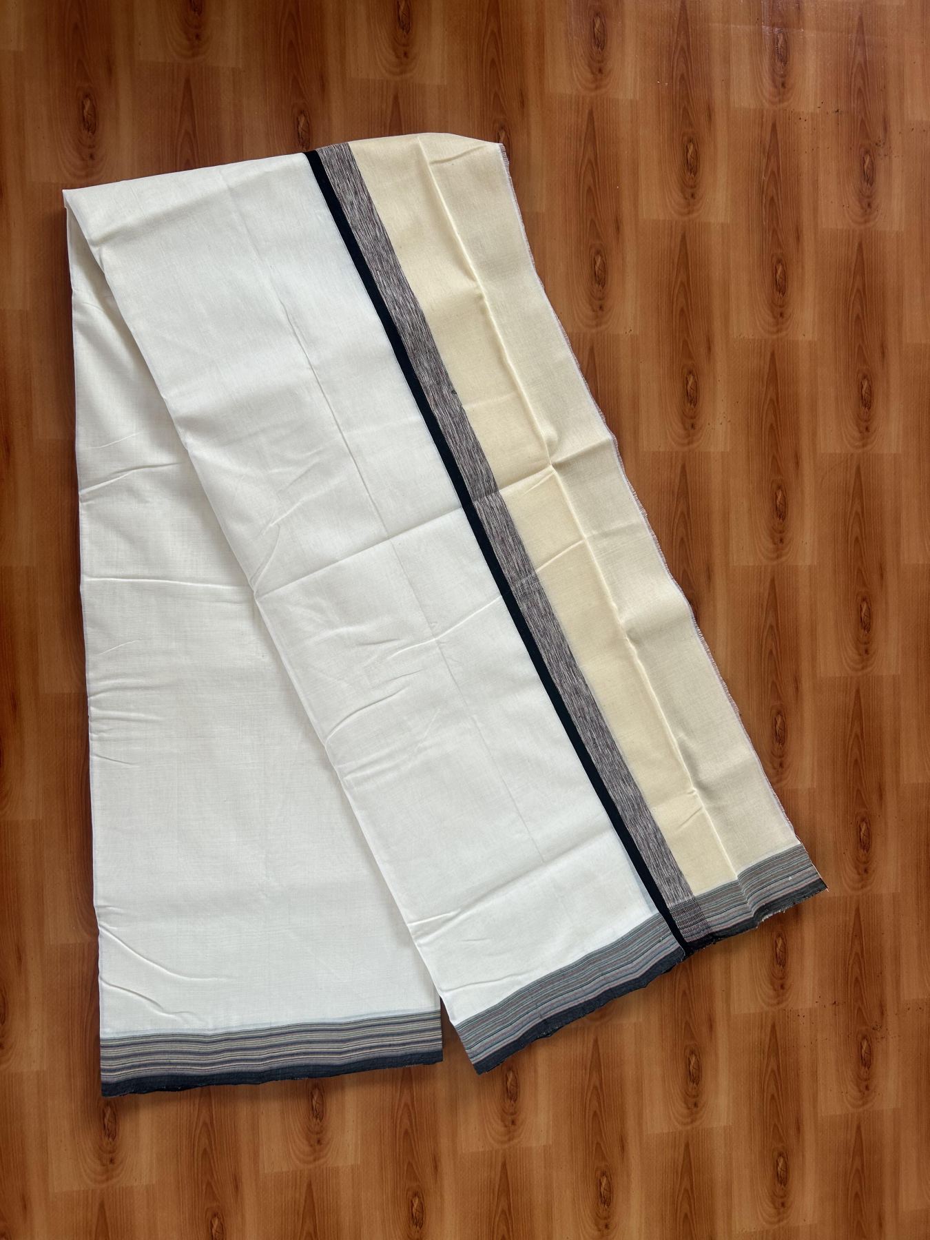 25% Discount!! KaithariKada Handloom Unakkupaav - Kerala Handloom - 100% Pure Cotton Off White - (Unbleached) Double Mundu/Dothi - 100 x 80 - 4.5 inch Multi Colour & Black ,Cream Side Striped Kara 4 meter (8.5 muzham) - 6 KK5390 REA