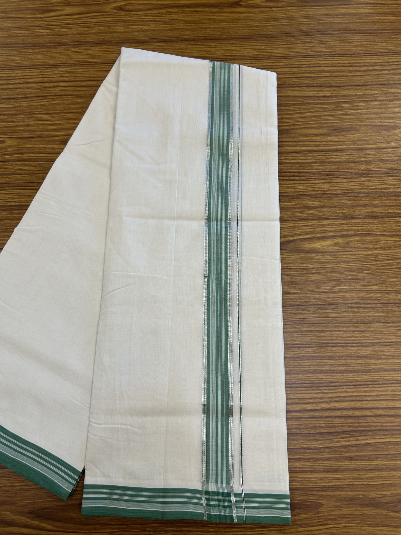 25% Discount ! Kaitharikada Handloom Unakkupaav Balaramapuram - 100% Pure Cotton Off White - (Unbleached) Double Mundu/Dhoti - 100x80 - 1.75 inch Silver Kasav Green Striped Kara 4 mtr (8.5 Muzham) - 35 KK5320 RAM