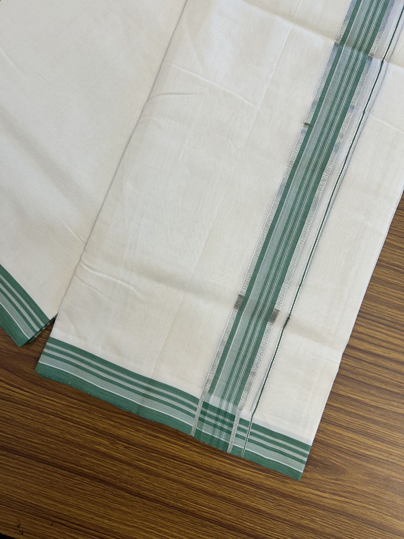25% Discount ! Kaitharikada Handloom Unakkupaav Balaramapuram - 100% Pure Cotton Off White - (Unbleached) Double Mundu/Dhoti - 100x80 - 1.75 inch Silver Kasav Green Striped Kara 4 mtr (8.5 Muzham) - 35 KK5320 RAM