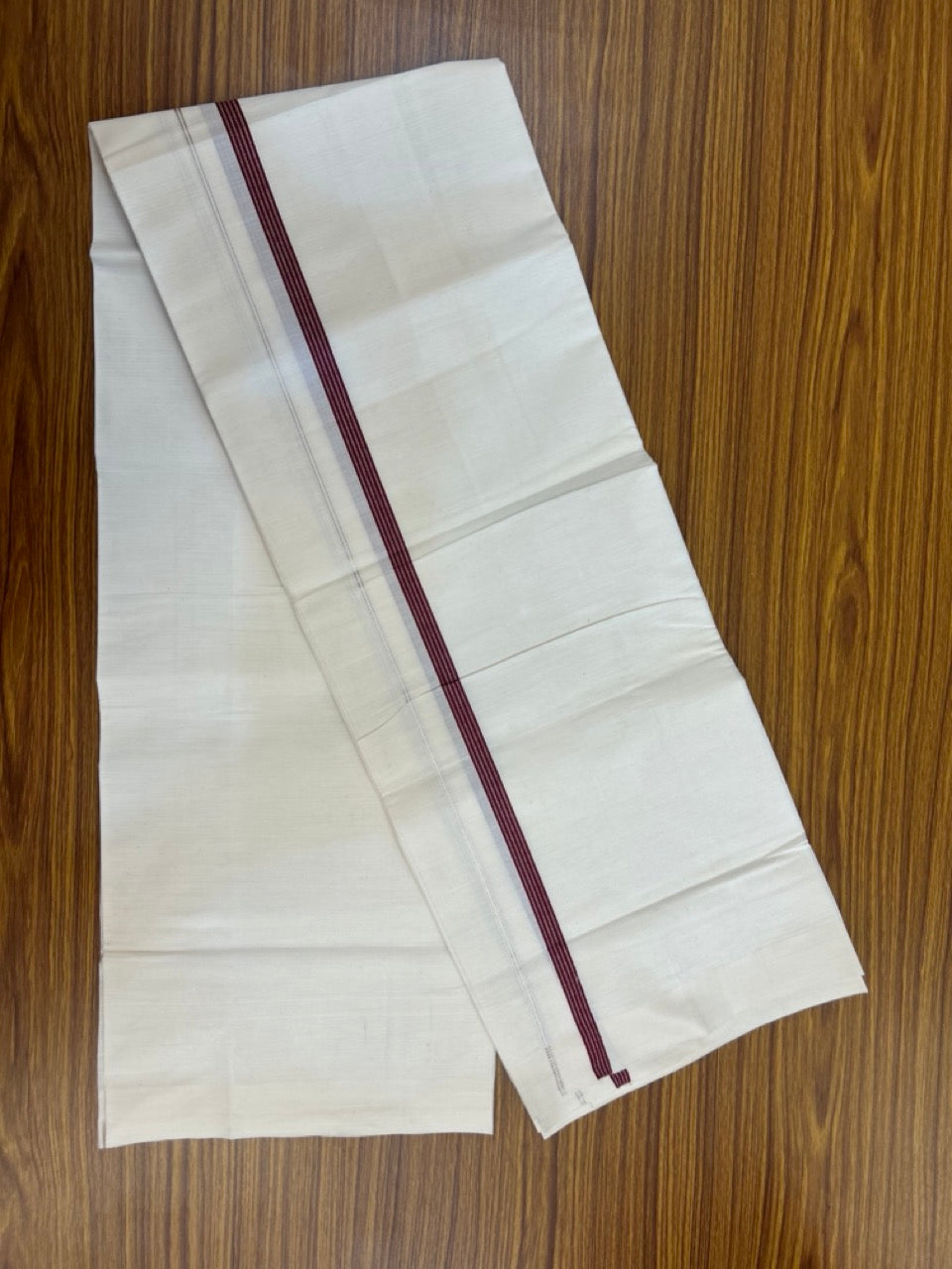 3% Discount! KaithariKada Balaramapuram 100% Cotton Single Off White - (Unbleached) Mundu/Dhoti - 100X100 - 0.5 inch Silver Kasavu Maroon striped kara (2 meter / 4 muzham) - 6 KK5283 PMC