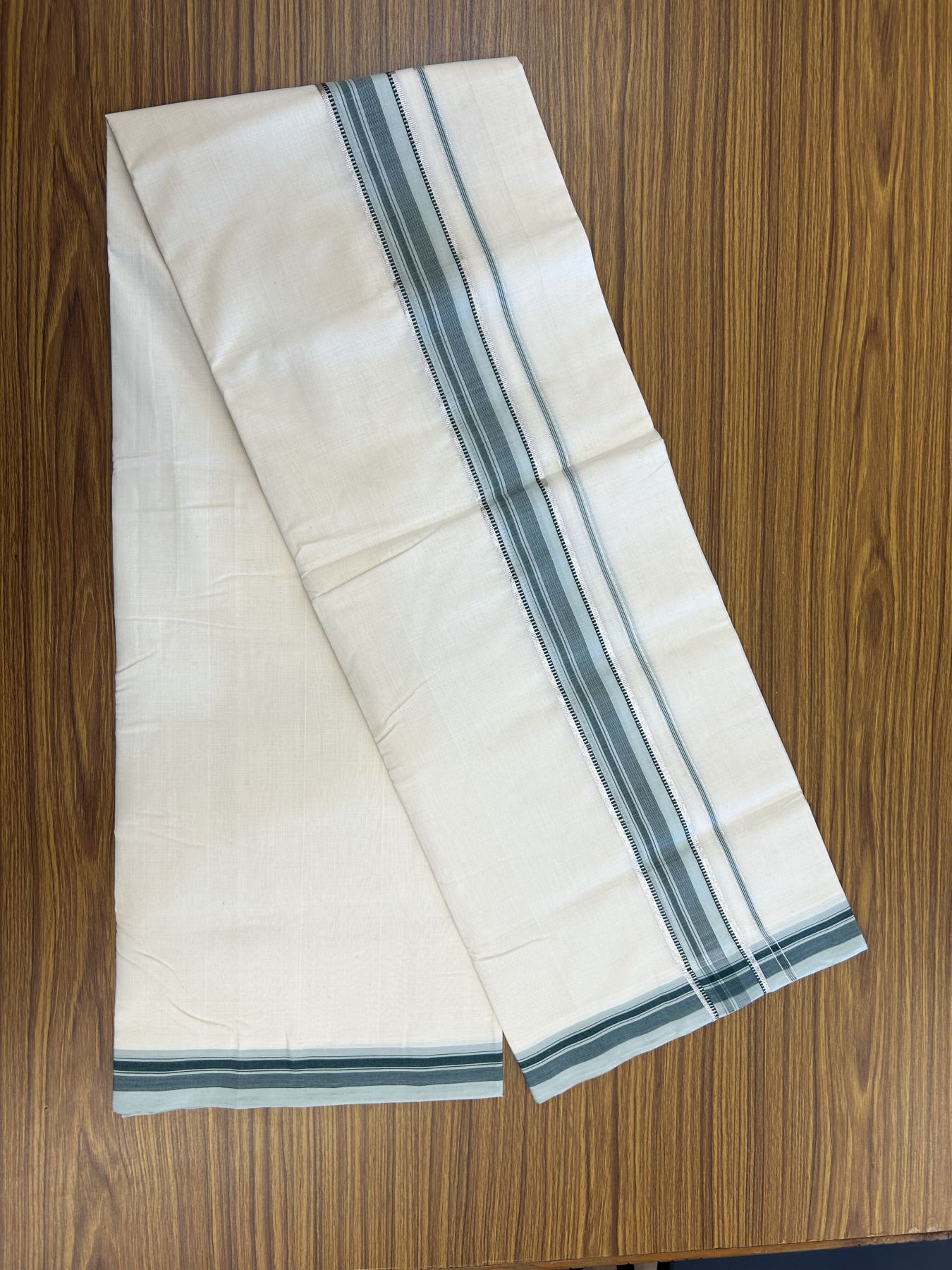 25% Discount ! Kaitharikada Handloom Unakkupaav Balaramapuram - 100% Pure Cotton Off White - (Unbleached) Double Mundu/Dhoti - 100x80 - 1.75 inch Silver Kasav & Teal Green Striped Kara 4 mtr (8.5 Muzham) - 31 KK5320 RAM