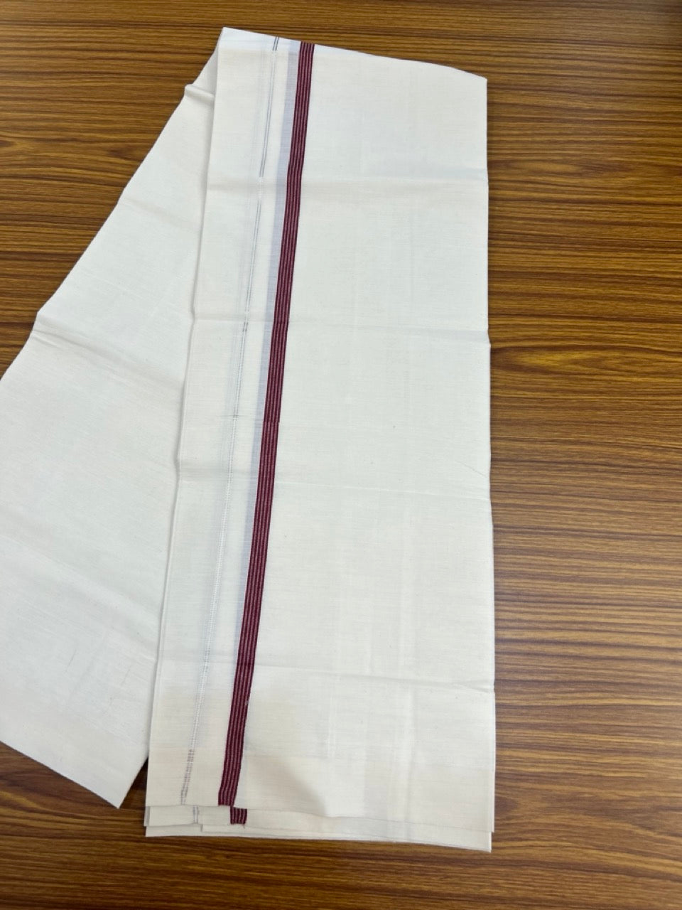 3% Discount! KaithariKada Balaramapuram 100% Cotton Single Off White - (Unbleached) Mundu/Dhoti - 100X100 - 0.5 inch Silver Kasavu Maroon striped kara (2 meter / 4 muzham) - 6 KK5283 PMC