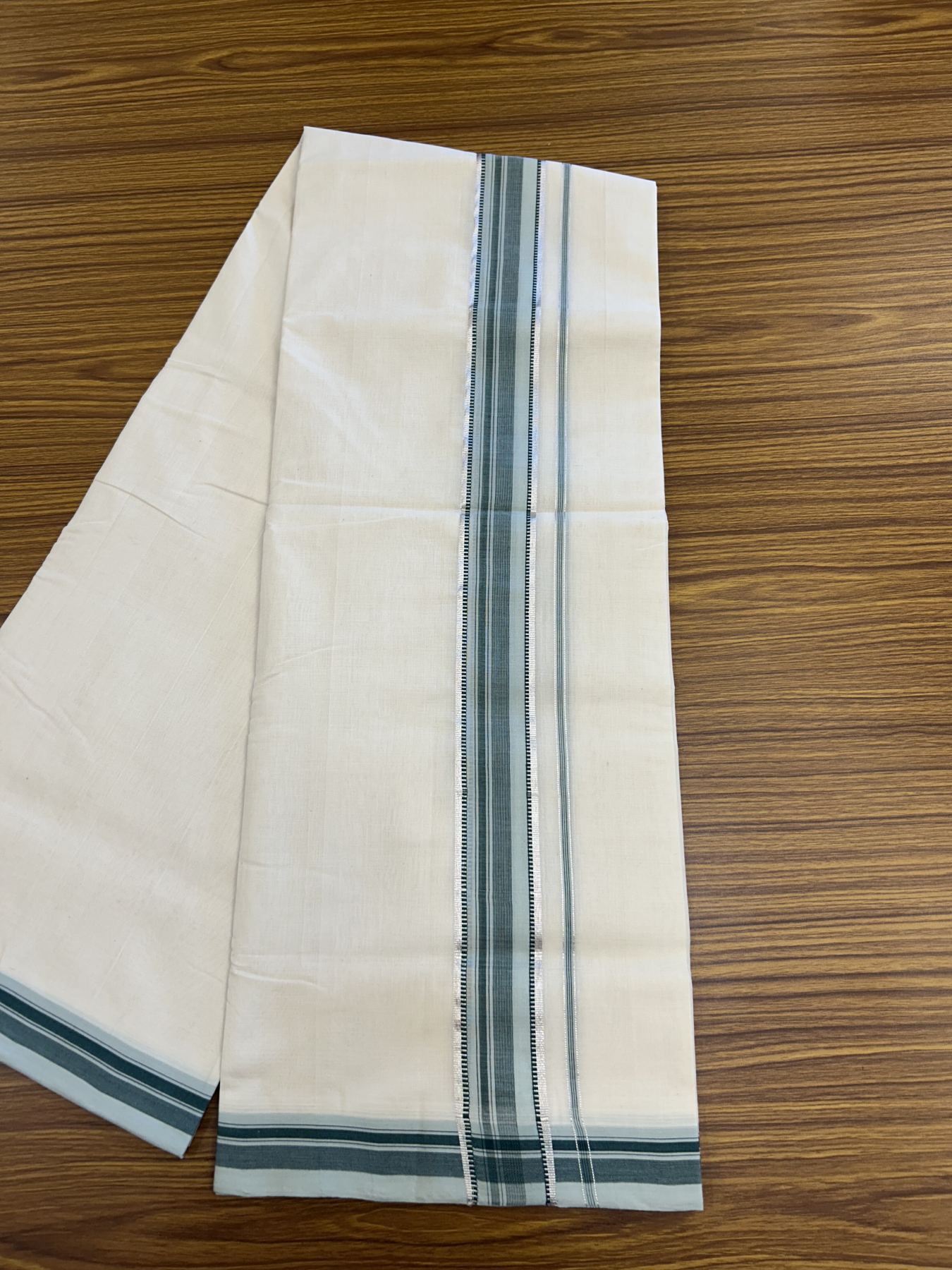 25% Discount ! Kaitharikada Handloom Unakkupaav Balaramapuram - 100% Pure Cotton Off White - (Unbleached) Double Mundu/Dhoti - 100x80 - 1.75 inch Silver Kasav & Teal Green Striped Kara 4 mtr (8.5 Muzham) - 31 KK5320 RAM