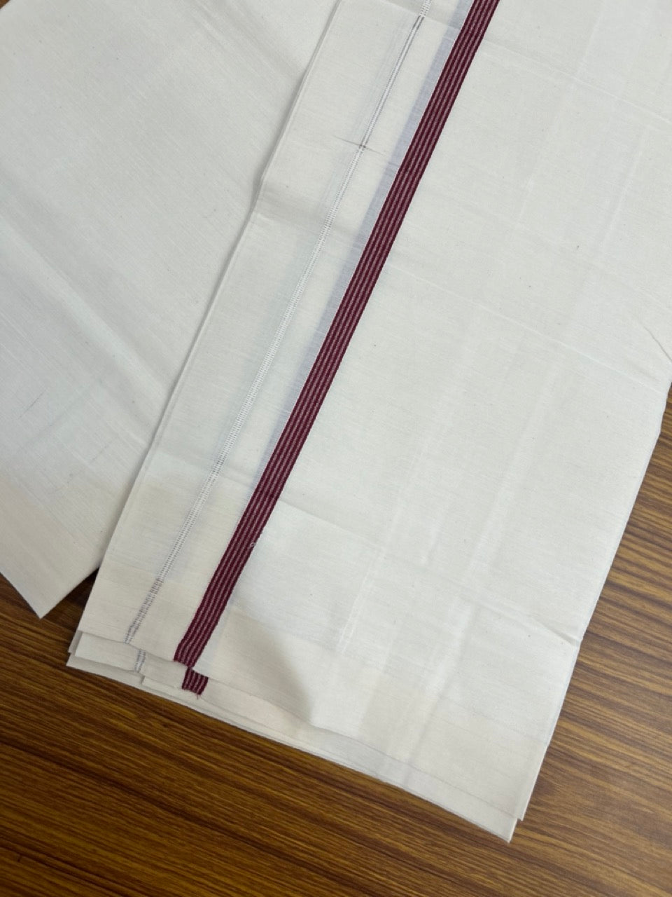3% Discount! KaithariKada Balaramapuram 100% Cotton Single Off White - (Unbleached) Mundu/Dhoti - 100X100 - 0.5 inch Silver Kasavu Maroon striped kara (2 meter / 4 muzham) - 6 KK5283 PMC