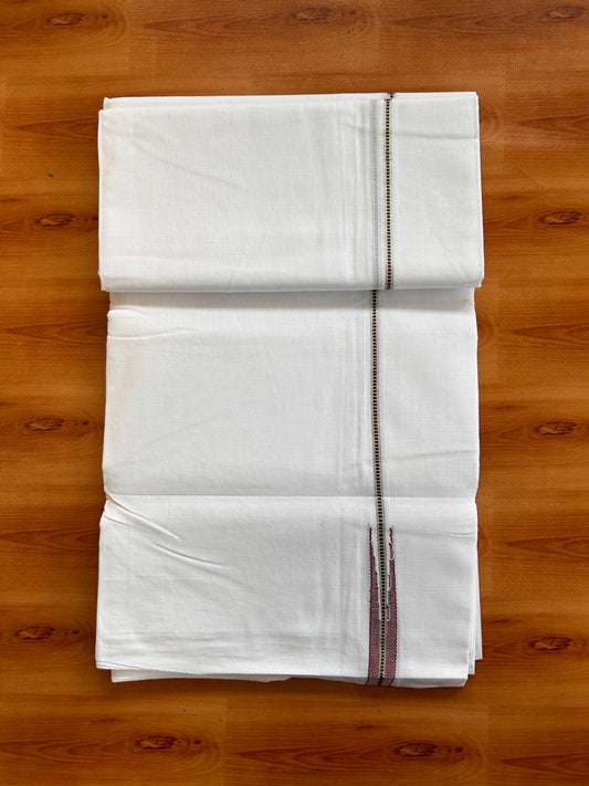 Pure White Double Mundu/Dhoti - 20% Discount! KaithariKada Pulimood - 100% Cotton - 100x100 - 0.75 inch Puliyilakkara Silver Kasav & Dark Maroon Muthukuri Chutty 4 mtr (8.5 muzham) - 32 KK5534 ASH