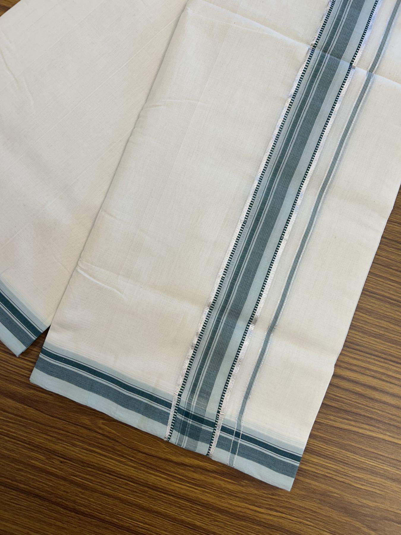 25% Discount ! Kaitharikada Handloom Unakkupaav Balaramapuram - 100% Pure Cotton Off White - (Unbleached) Double Mundu/Dhoti - 100x80 - 1.75 inch Silver Kasav & Teal Green Striped Kara 4 mtr (8.5 Muzham) - 31 KK5320 RAM