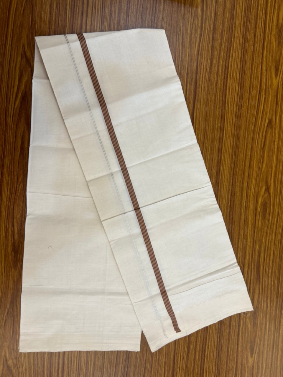 3% Discount! KaithariKada Balaramapuram 100% Cotton Single Off White - (Unbleached) Mundu/Dhoti - 100X100 - 0.5 inch Silver Kasavu Brown striped kara (2 meter / 4 muzham) - 3 KK5283 PMC
