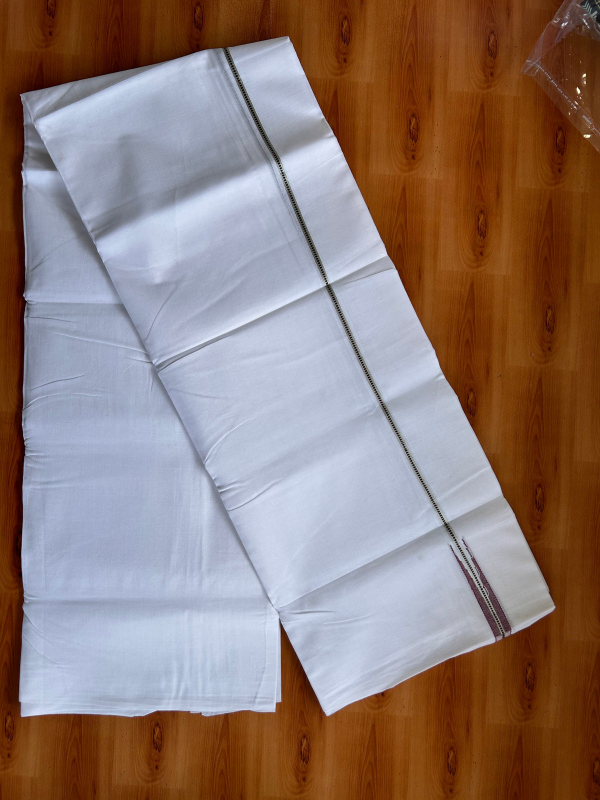 Pure White Double Mundu/Dhoti - 20% Discount! KaithariKada Pulimood - 100% Cotton - 100x100 - 0.75 inch Puliyilakkara Silver Kasav & Dark Maroon Muthukuri Chutty 4 mtr (8.5 muzham) - 32 KK5534 ASH
