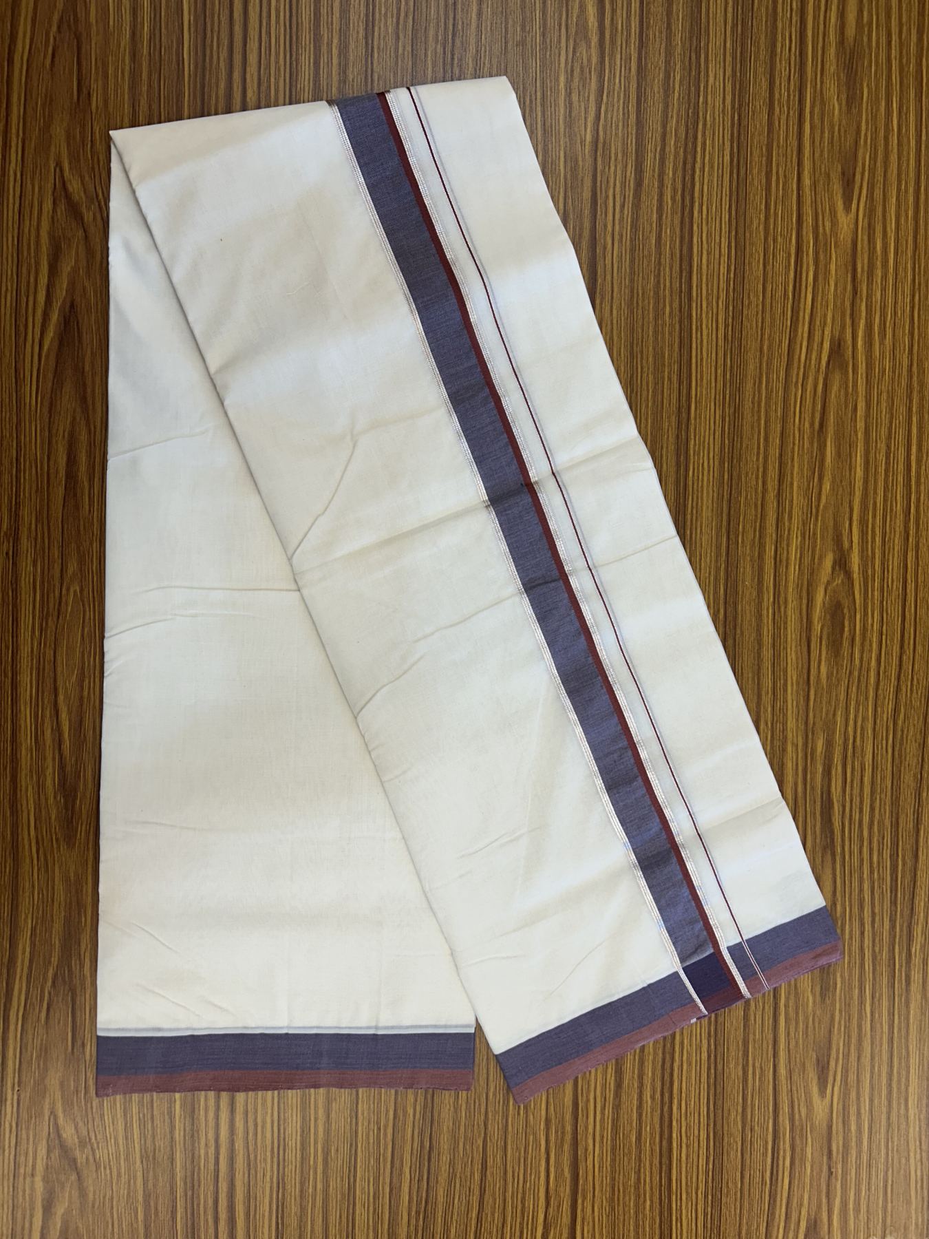 25% Discount! KaithariKada Handloom Unakkupaav Balaramapuram - Cotton Double Mundu/Dhoti Off white (Unbleached) - 100x80 - 1.5 inch Silver Kasav Pastel Maroon & Blue Grey shaded Kara - 4 meter (8.5 Muzham) - 27 KK5320 RAM