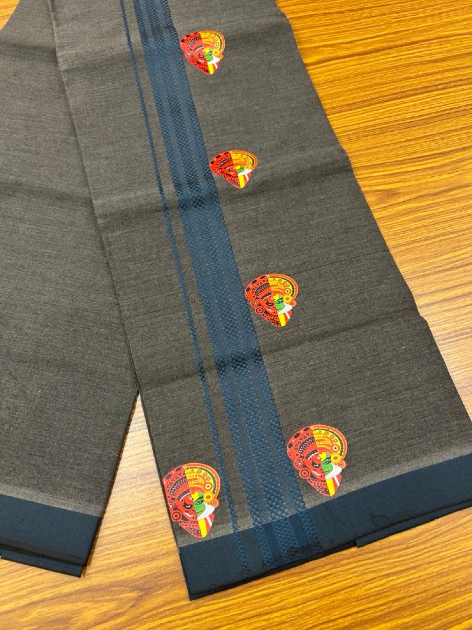 22% Discount! Kaitharikada Pure Cotton - Single Kaily / Lungi - (40s) - 1.25 inch Dark Peacock blue striped Theyyam Kadhakali Printed Design kara with Black shaded colour body  (2 meter / 4 muzham) - 16 KK8028 GAN
