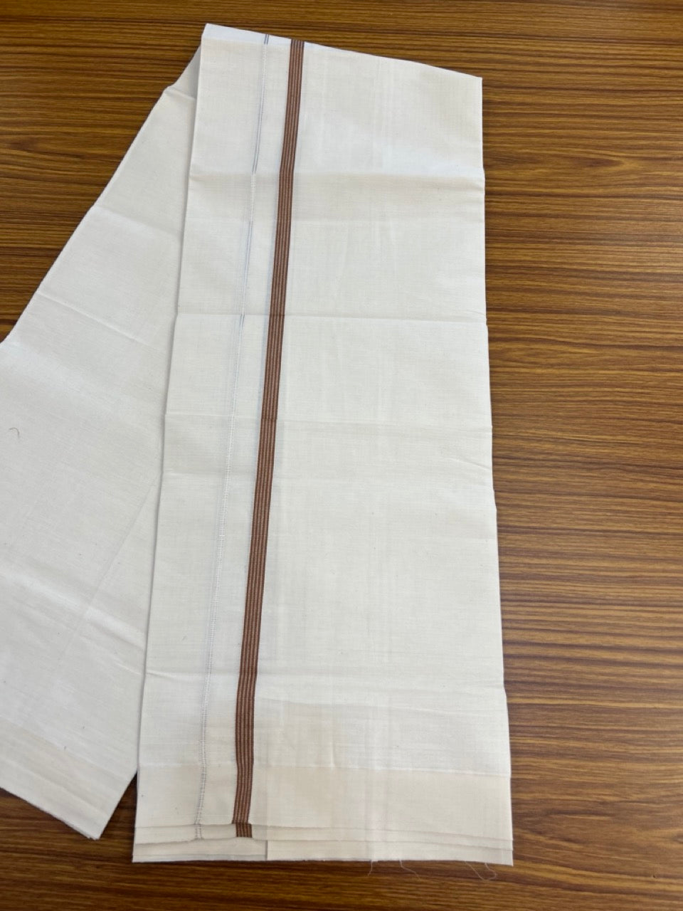 3% Discount! KaithariKada Balaramapuram 100% Cotton Single Off White - (Unbleached) Mundu/Dhoti - 100X100 - 0.5 inch Silver Kasavu Brown striped kara (2 meter / 4 muzham) - 3 KK5283 PMC