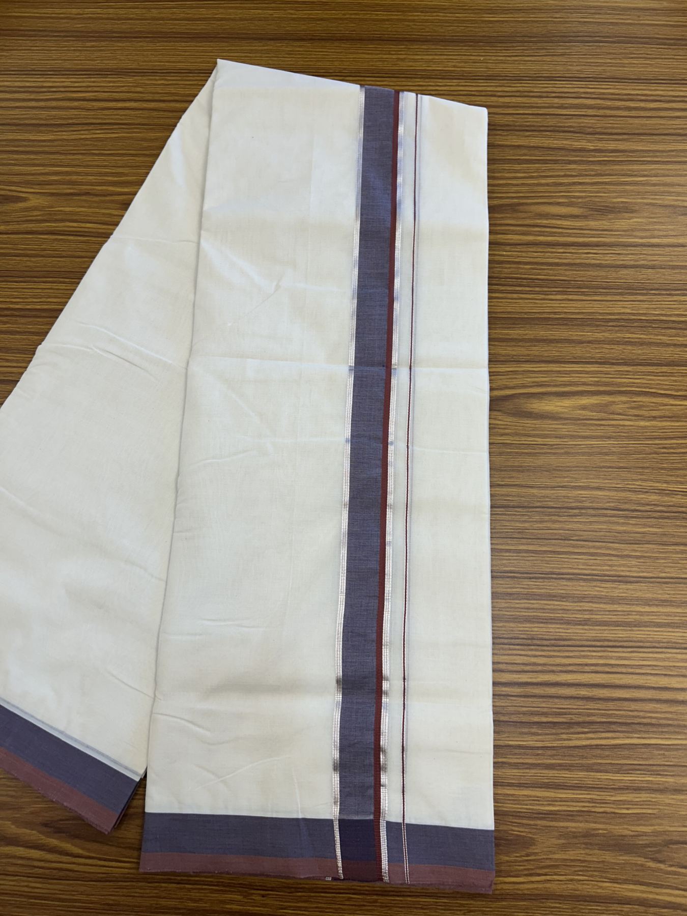 25% Discount! KaithariKada Handloom Unakkupaav Balaramapuram - Cotton Double Mundu/Dhoti Off white (Unbleached) - 100x80 - 1.5 inch Silver Kasav Pastel Maroon & Blue Grey shaded Kara - 4 meter (8.5 Muzham) - 27 KK5320 RAM