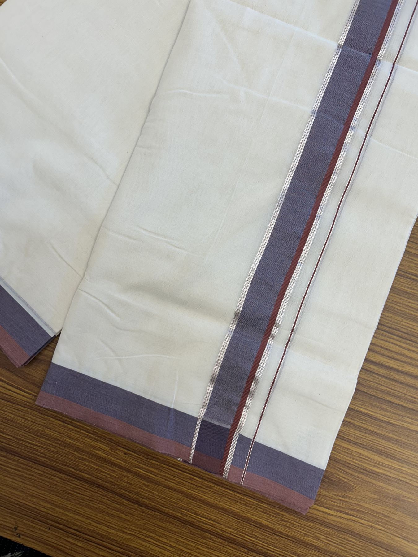 25% Discount! KaithariKada Handloom Unakkupaav Balaramapuram - Cotton Double Mundu/Dhoti Off white (Unbleached) - 100x80 - 1.5 inch Silver Kasav Pastel Maroon & Blue Grey shaded Kara - 4 meter (8.5 Muzham) - 27 KK5320 RAM