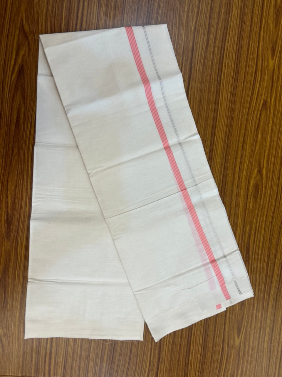 3% Discount! KaithariKada Balaramapuram 100% Cotton Single Off White - (Unbleached) Mundu/Dhoti - 100X100 - 0.5 inch Silver Kasavu Pink striped kara (2 meter / 4 muzham) - 4 KK5283 PMC