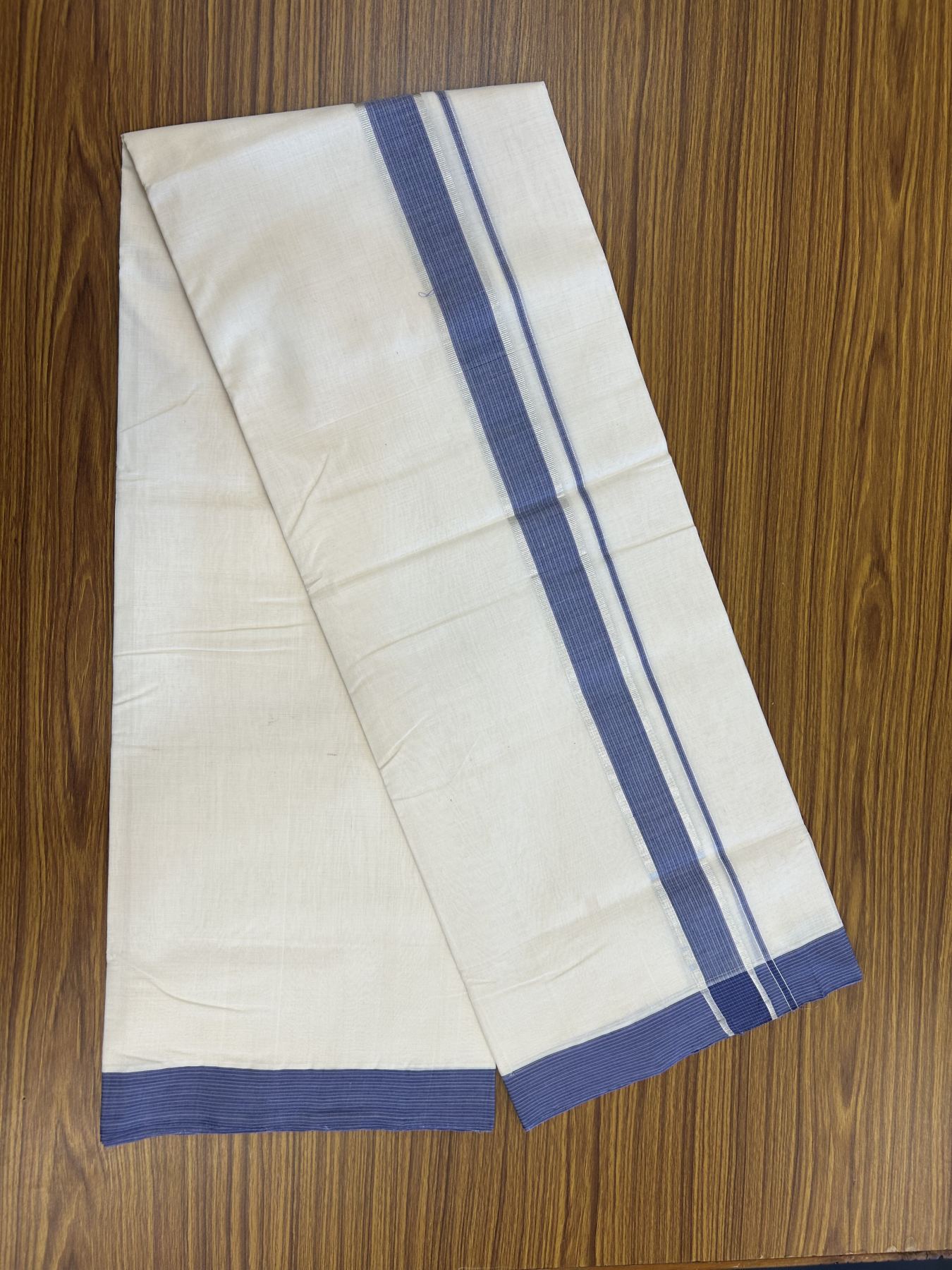 25% Discount! KaithariKada Handloom Unakkupaav Balaramapuram - Cotton Double Mundu/Dhoti Off white (Unbleached) - 100x80 - 1.5 inch Silver Kasav Lavender Blue & Green striped Kara - 4 meter (8.5 Muzham) - 28 KK5320 RAM