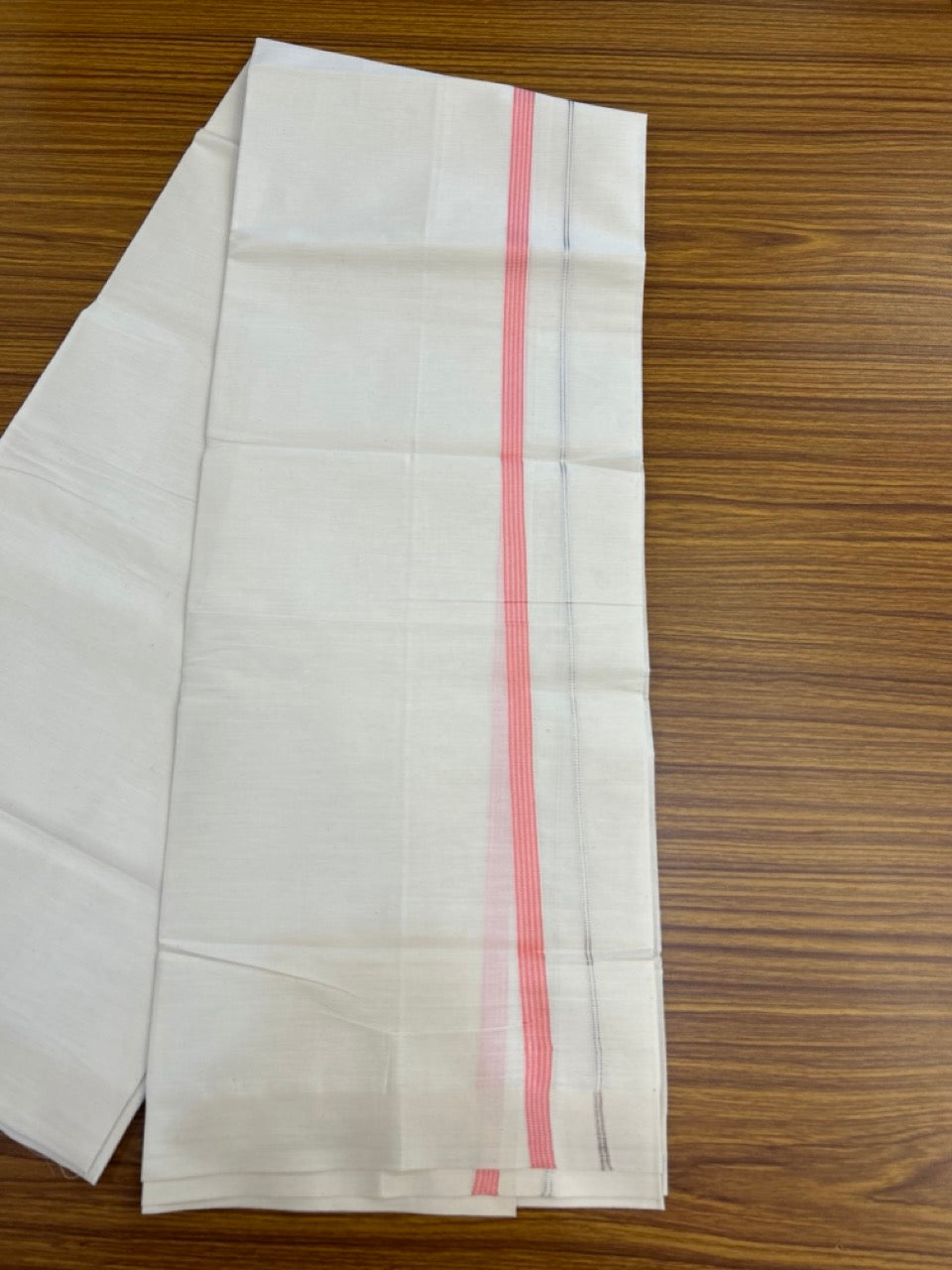 3% Discount! KaithariKada Balaramapuram 100% Cotton Single Off White - (Unbleached) Mundu/Dhoti - 100X100 - 0.5 inch Silver Kasavu Pink striped kara (2 meter / 4 muzham) - 4 KK5283 PMC