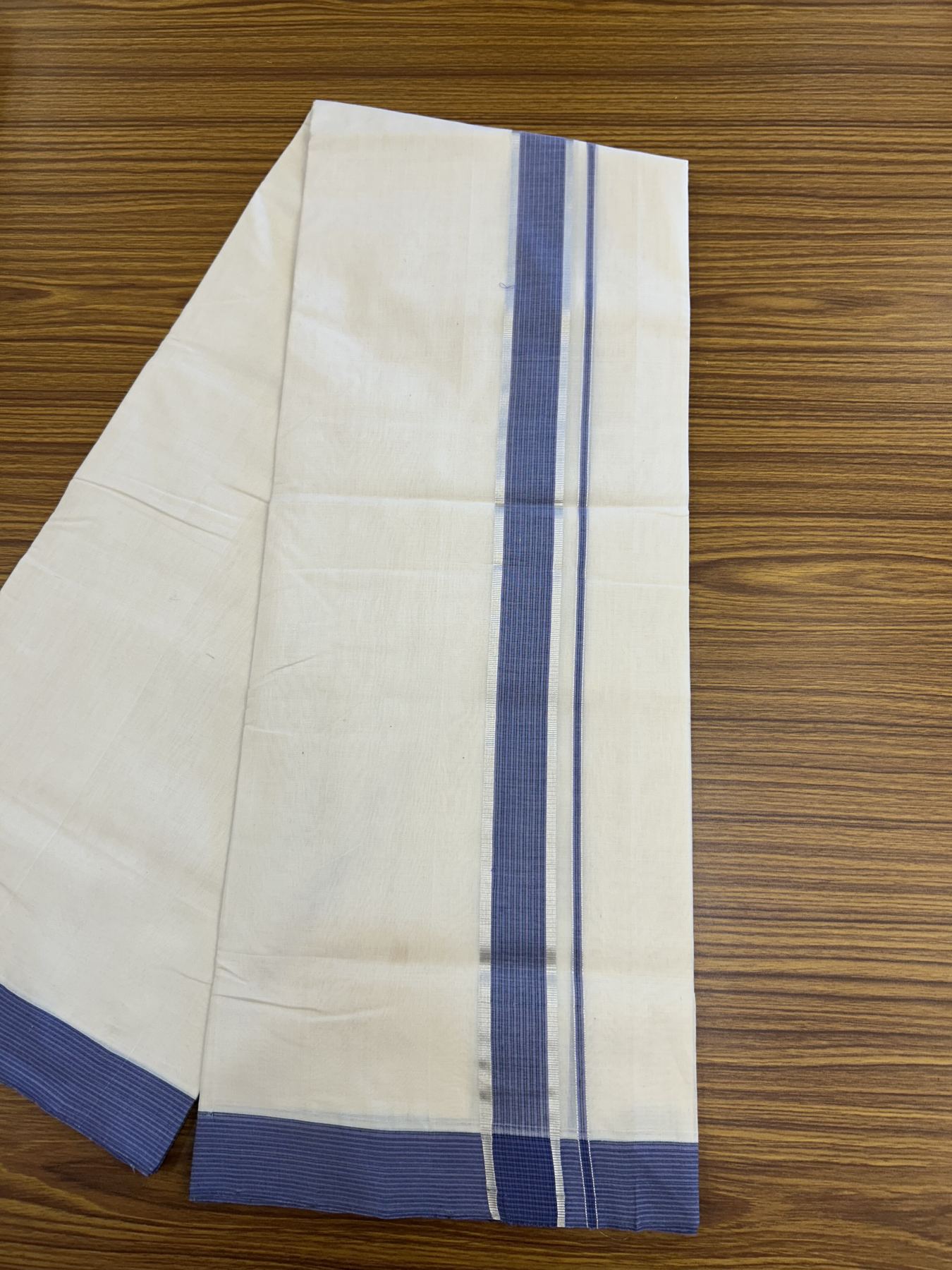 25% Discount! KaithariKada Handloom Unakkupaav Balaramapuram - Cotton Double Mundu/Dhoti Off white (Unbleached) - 100x80 - 1.5 inch Silver Kasav Lavender Blue & Green striped Kara - 4 meter (8.5 Muzham) - 28 KK5320 RAM