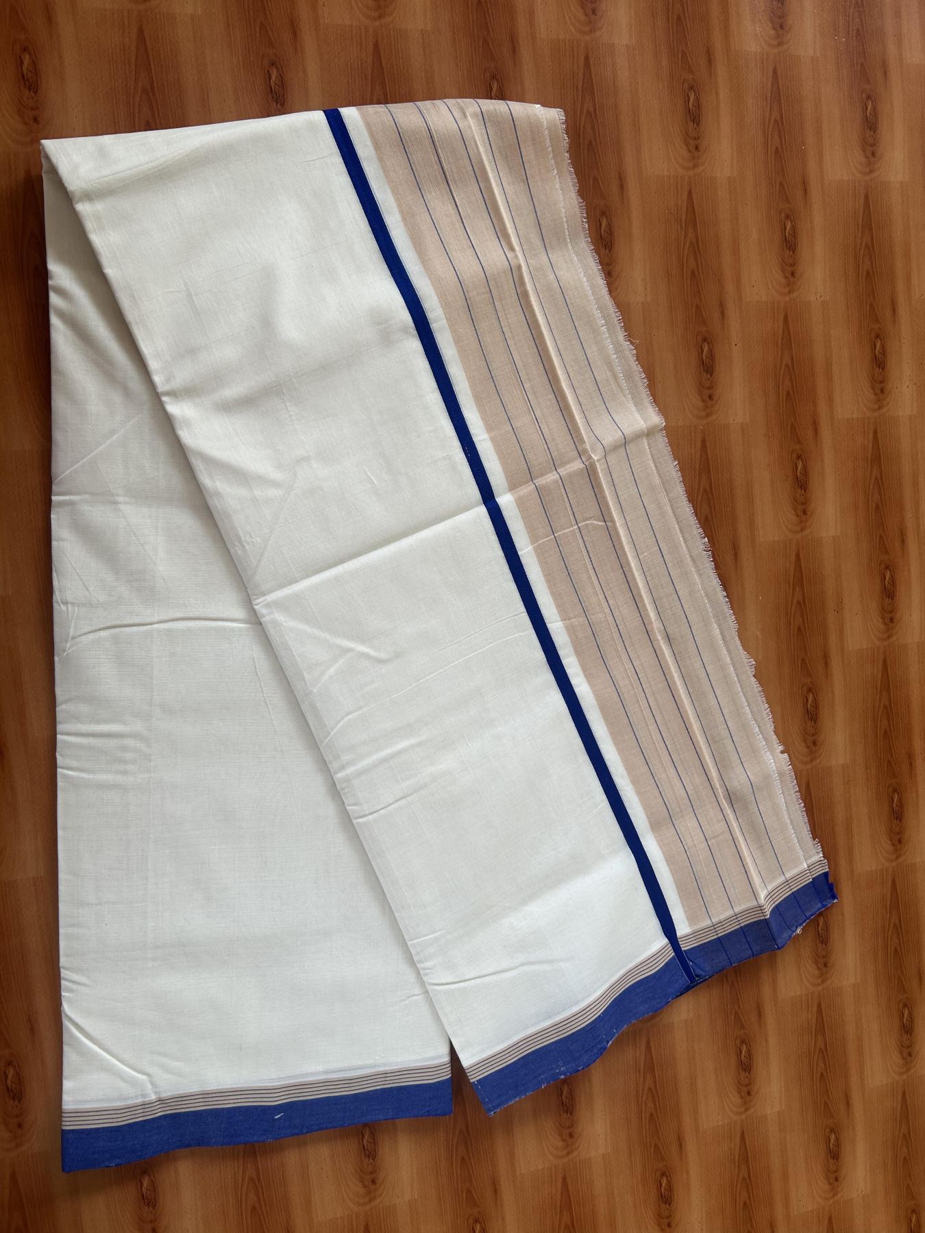 25% Discount!! KaithariKada Handloom Unakkupaav - Kerala Handloom - 100% Pure Cotton Off White - (Unbleached) Double Mundu/Dothi - 100 x 80 - 4.5 inch Blue & Light Sand brown Side Striped Kara 4 meter (8.5 muzham) - 3 KK5390 REA