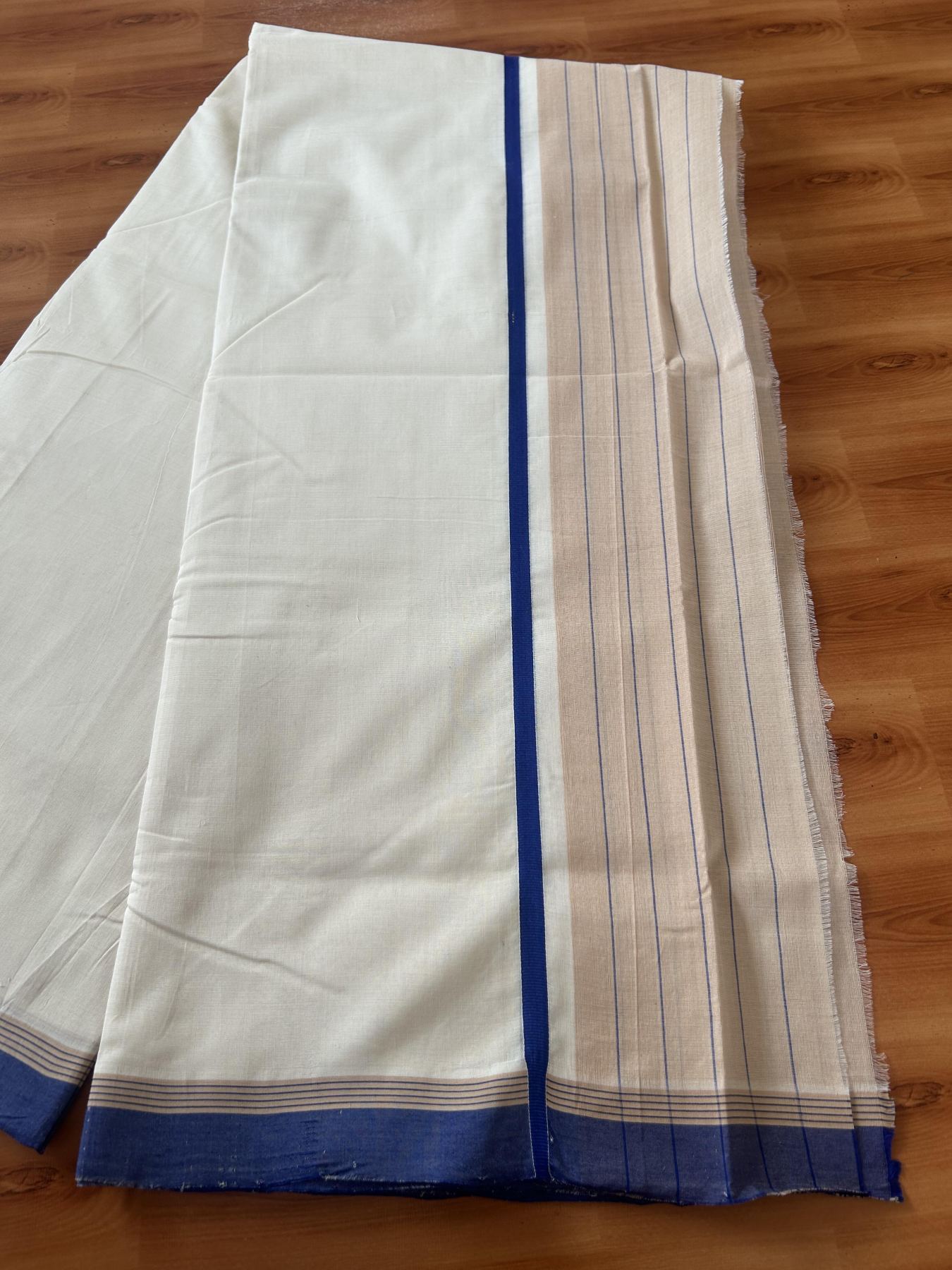 25% Discount!! KaithariKada Handloom Unakkupaav - Kerala Handloom - 100% Pure Cotton Off White - (Unbleached) Double Mundu/Dothi - 100 x 80 - 4.5 inch Blue & Light Sand brown Side Striped Kara 4 meter (8.5 muzham) - 3 KK5390 REA