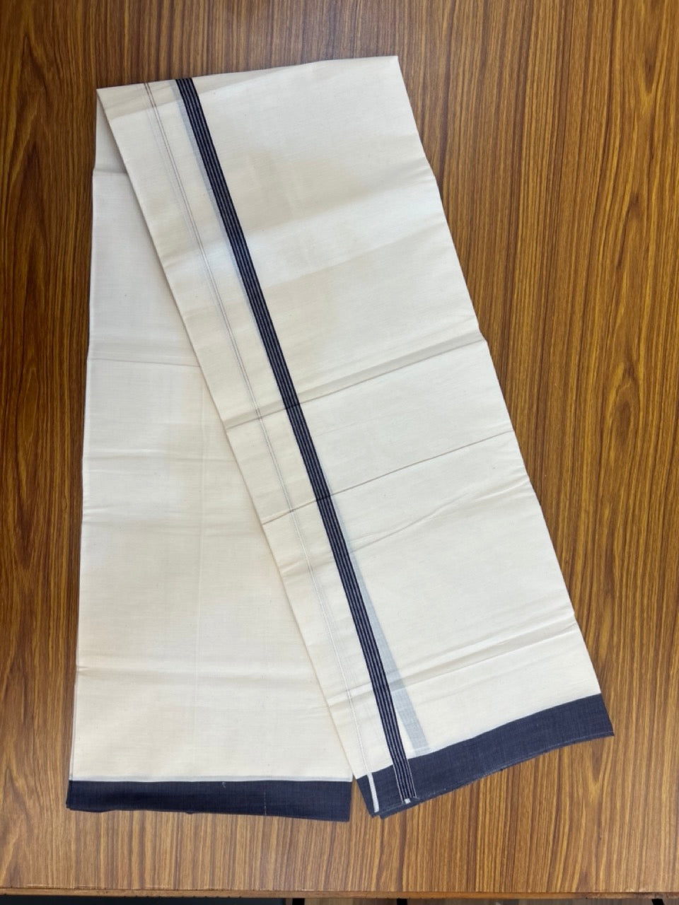 3% Discount! KaithariKada Balaramapuram 100% Cotton Single Off White - (Unbleached) Mundu/Dhoti - 100X100 - 0.5 inch Silver Kasavu Navy Blue striped kara (2 meter / 4 muzham) - 11 KK5283 PMC