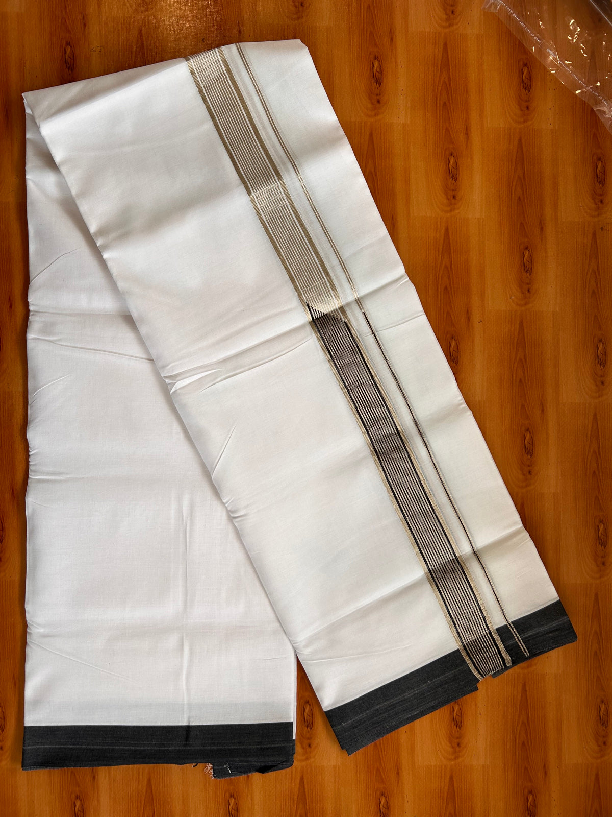 Double Pure white Mundu/Dhoti - 20% Discount! KaithariKada Pulimood- 100% Cotton - 100x100 - 1.75 inch Silver Kasav & Black Heavy Chutty 4 m (8.5 muzham) - 35 KK5534 ASH