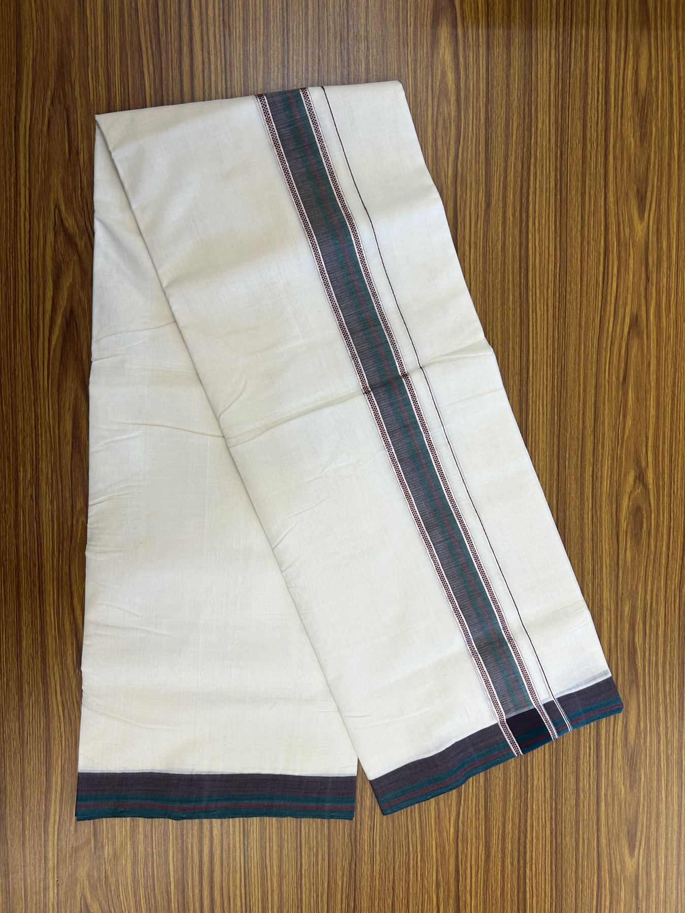 25% Discount! KaithariKada Handloom Unakkupaav Balaramapuram - Cotton Double Mundu/Dhoti Off white (Unbleached) - 100x80 - 1.75 inch Silver Kasav Green & Maroon shaded Kara - 4 meter (8.5 Muzham) - 25 KK5320 RAM