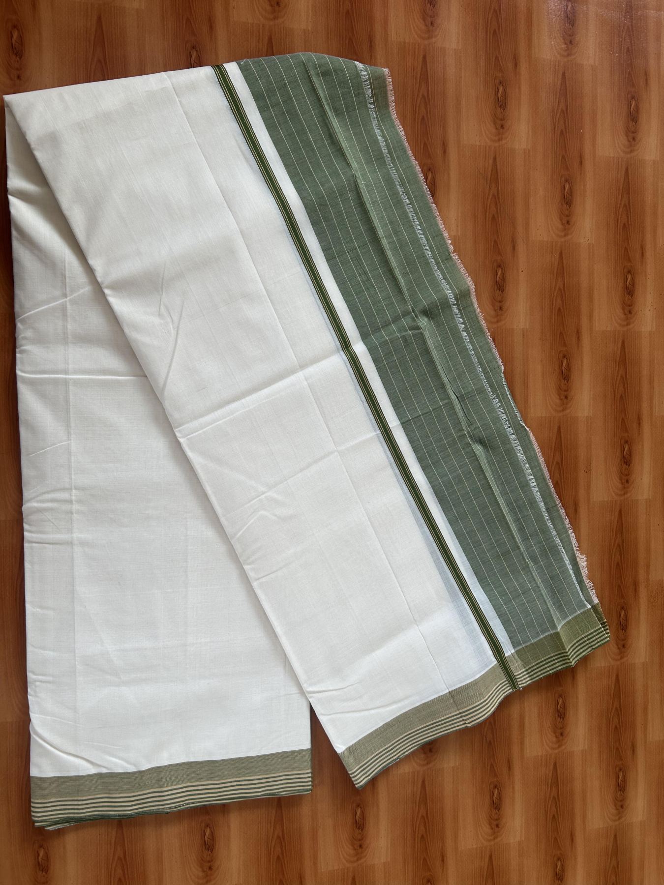 25% Discount!! KaithariKada Handloom Unakkupaav - Kerala Handloom - 100% Pure Cotton Off White - (Unbleached) Double Mundu/Dothi - 100 x 80 - 4.5 inch Green & Light Sand brown Side Striped Kara 4 meter (8.5 muzham) - 4 KK5390 REA