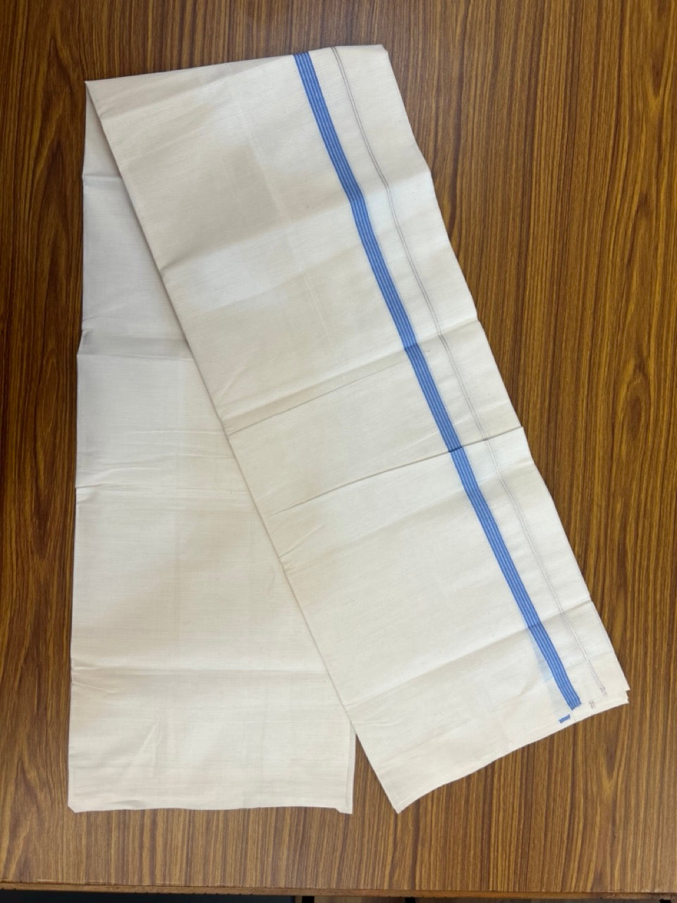 3% Discount! KaithariKada Balaramapuram 100% Cotton Single Off White - (Unbleached) Mundu/Dhoti - 100X100 - 0.5 inch Silver Kasavu Blue striped kara (2 meter / 4 muzham) - 7 KK5283 PMC