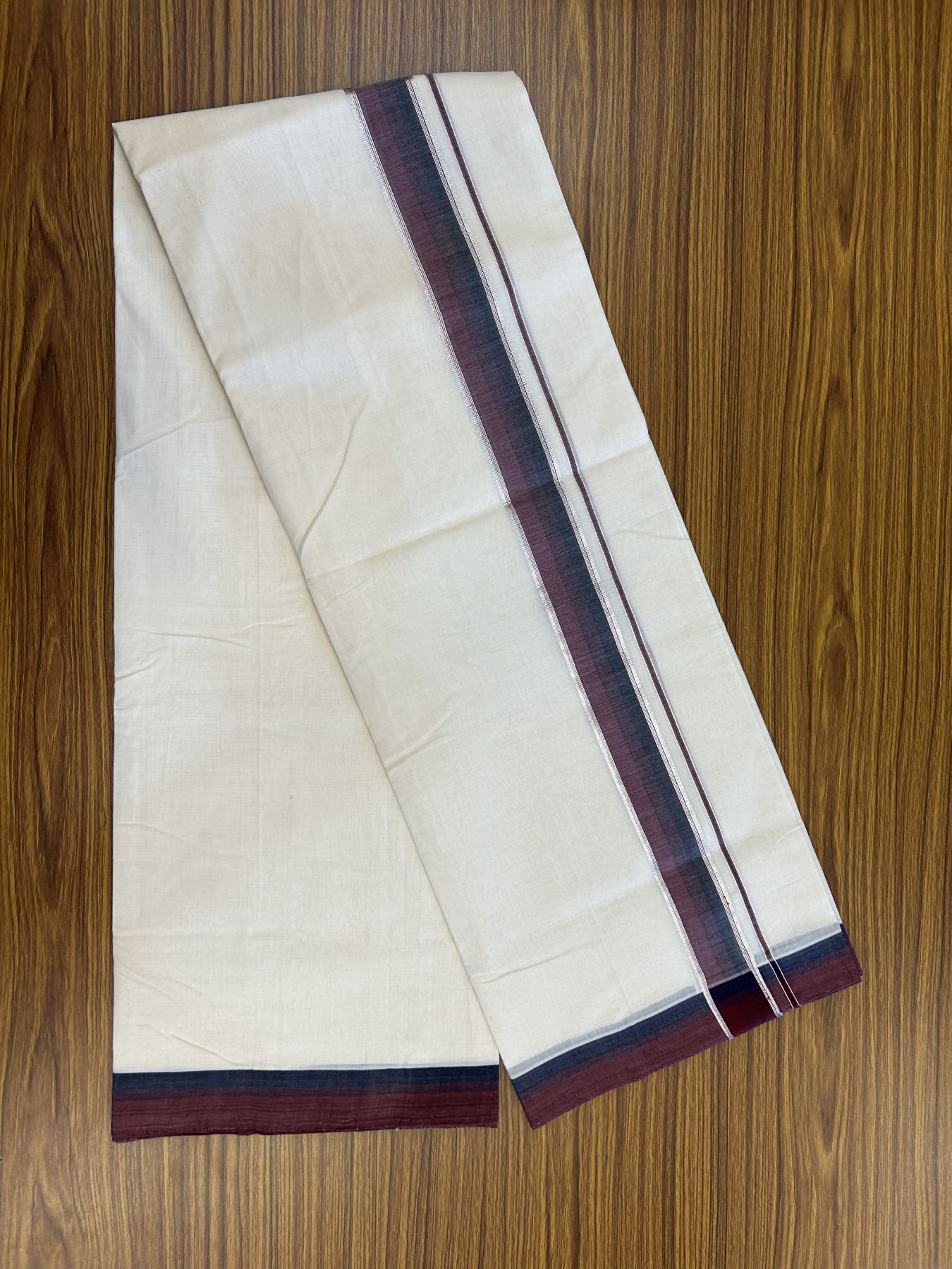 25% Discount! KaithariKada Handloom Unakkupaav Balaramapuram - Cotton Double Mundu/Dhoti Off white (Unbleached) - 100x80 - 1.75 inch Silver Kasav Maroon & Navy Blue shaded Kara - 4 meter (8.5 Muzham) - 26 KK5320 RAM