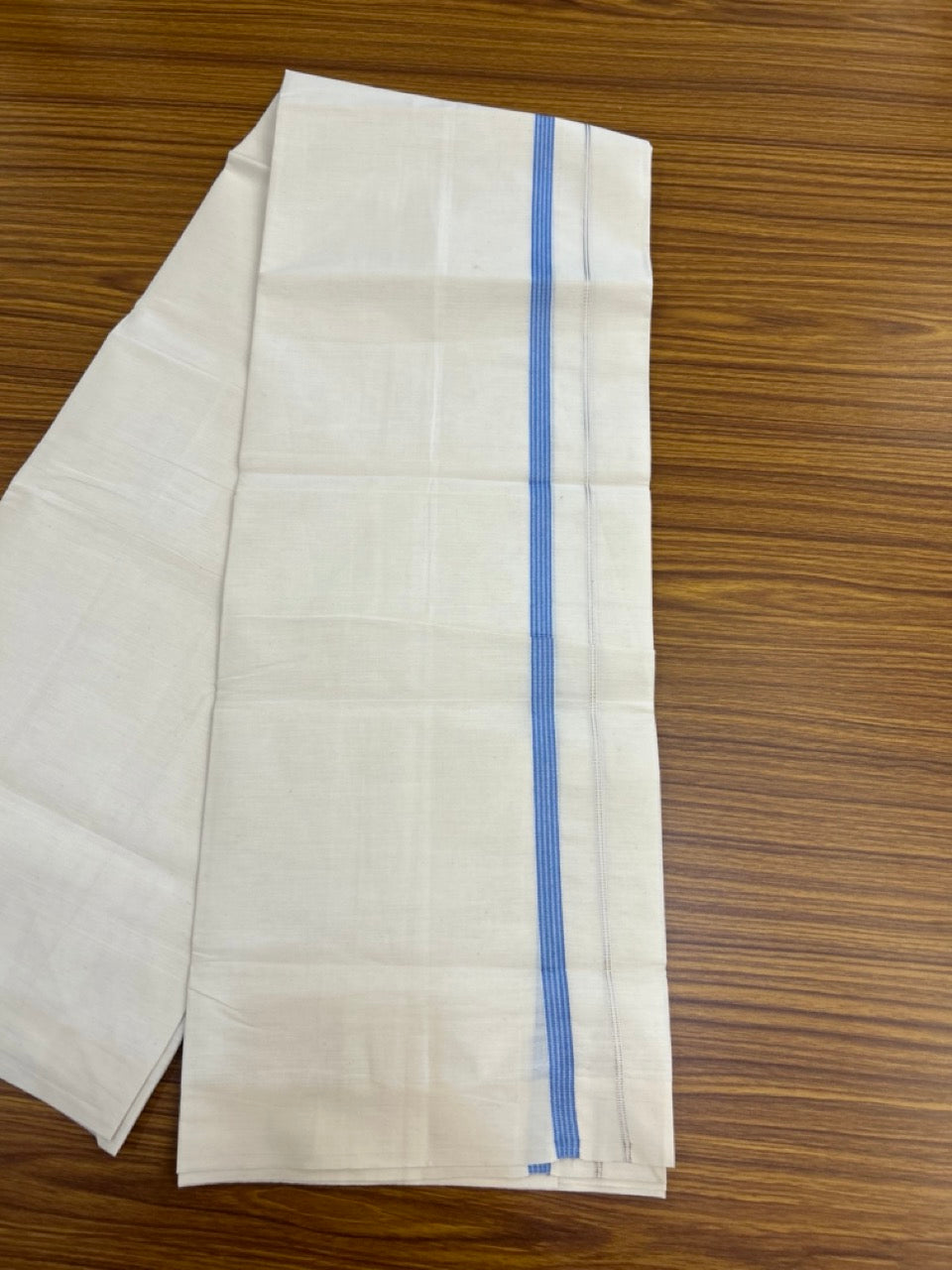 3% Discount! KaithariKada Balaramapuram 100% Cotton Single Off White - (Unbleached) Mundu/Dhoti - 100X100 - 0.5 inch Silver Kasavu Blue striped kara (2 meter / 4 muzham) - 7 KK5283 PMC