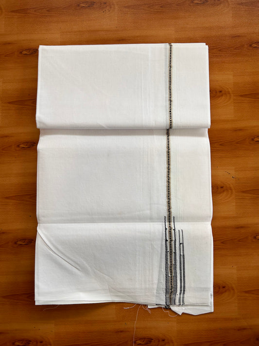 Pure White Single Mundu/Dhoti - 20% Discount! KaithariKada Pulimood 100% Cotton - 100s - 0.5 cm Puliyilakkara Silver Kasav & Black Muthukuri Double Chutty (2 meter / 4 muzham) - 28 KK5534 ASH