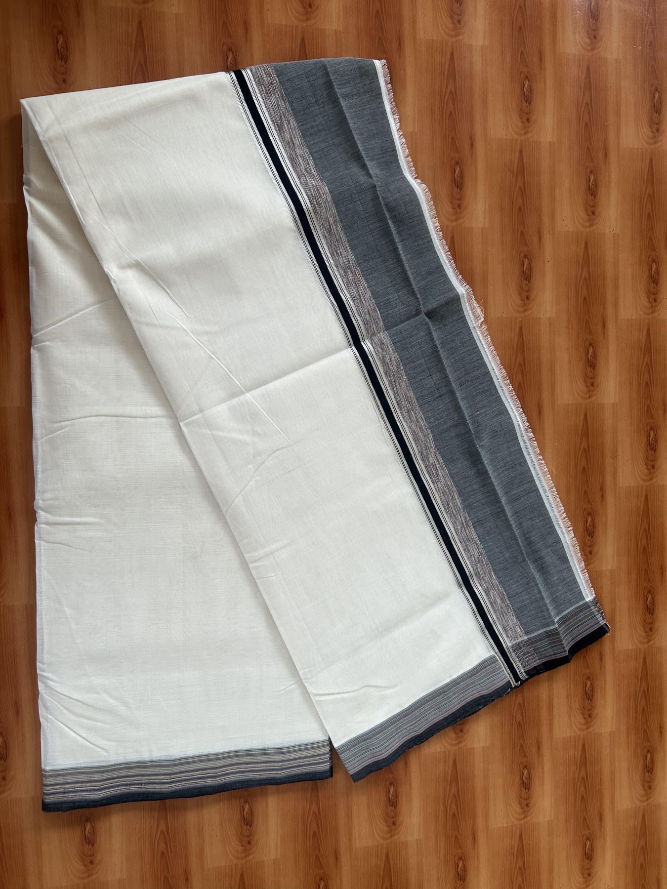 25% Discount! KaithariKada Handloom Unakkupaav Kerala Handloom - 100% Pure Cotton Off White - (Unbleached) Double Mundu/Dothi - 100 x 80 - 5.5 inch Silver Kasav Cinnamon Brown & Black,Multi Colour Side Striped Kara 4.00 meter(8.5 muzham) - 12 KK5390 REA